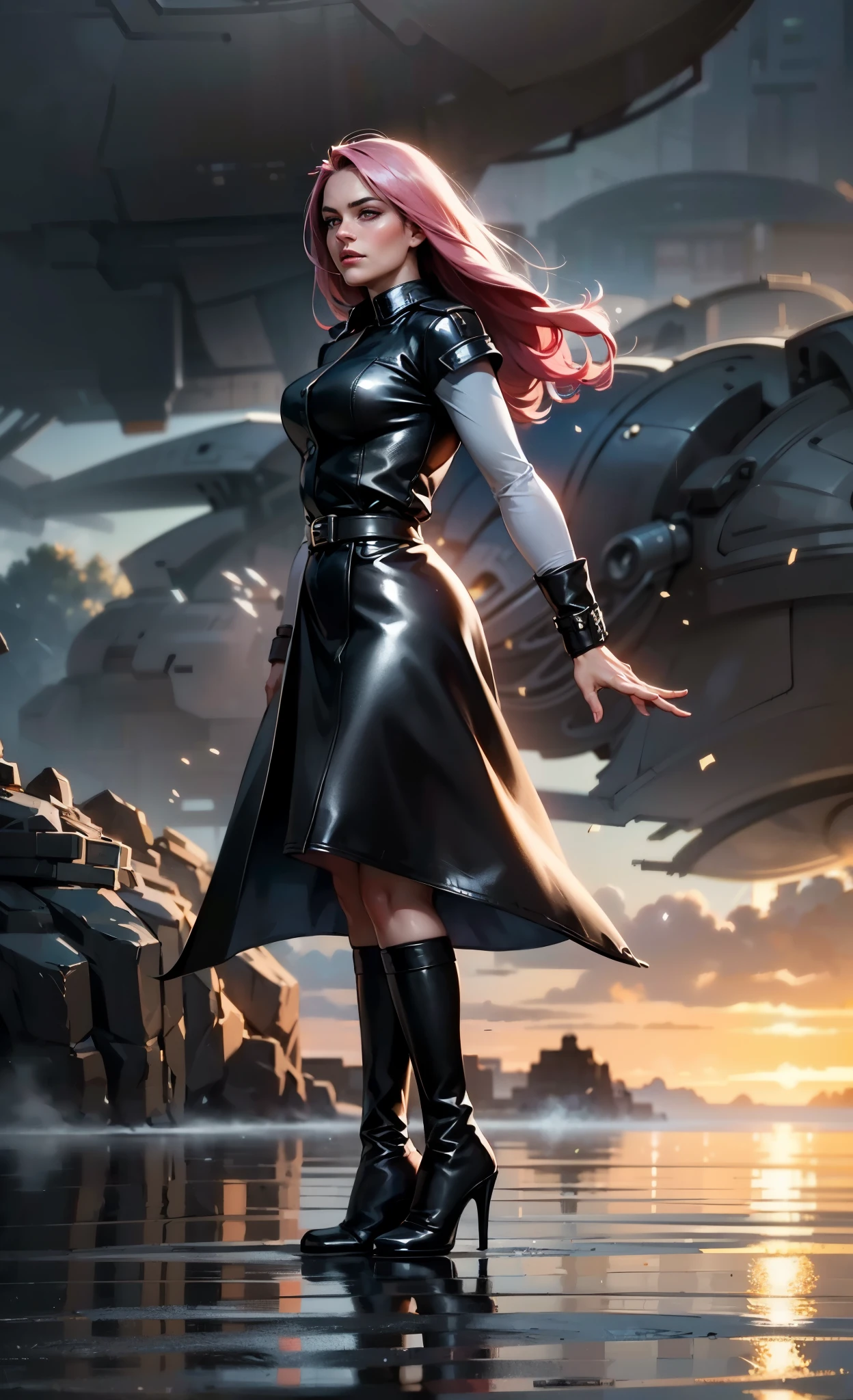 (A beautiful young girl with long curly pink hair, slender eyebrows, sparkling eyes, a bewildered expression, an oval-shapedl face with pale skin, a knee-length form-fitting leather trench coat with very short sleeves, she adorns both hands with metallic wrist guards in a sci-fi ancient civilization style, her long legs are clad in leather boots as she soars through the misty clouds), this character embodies a finely crafted fantasy-realism style western ranger in anime style, exquisite and mature manga art style, porcelain skin, perfect skin, perfect eyes, high definition, best quality, highres, ultra-detailed, ultra-fine painting, extremely delicate, professional, anatomically correct, symmetrical face, extremely detailed eyes and face, high quality eyes, creativity, RAW photo, UHD, 32k, Natural light, cinematic lighting, masterpiece-anatomy-perfect, masterpiece:1.5