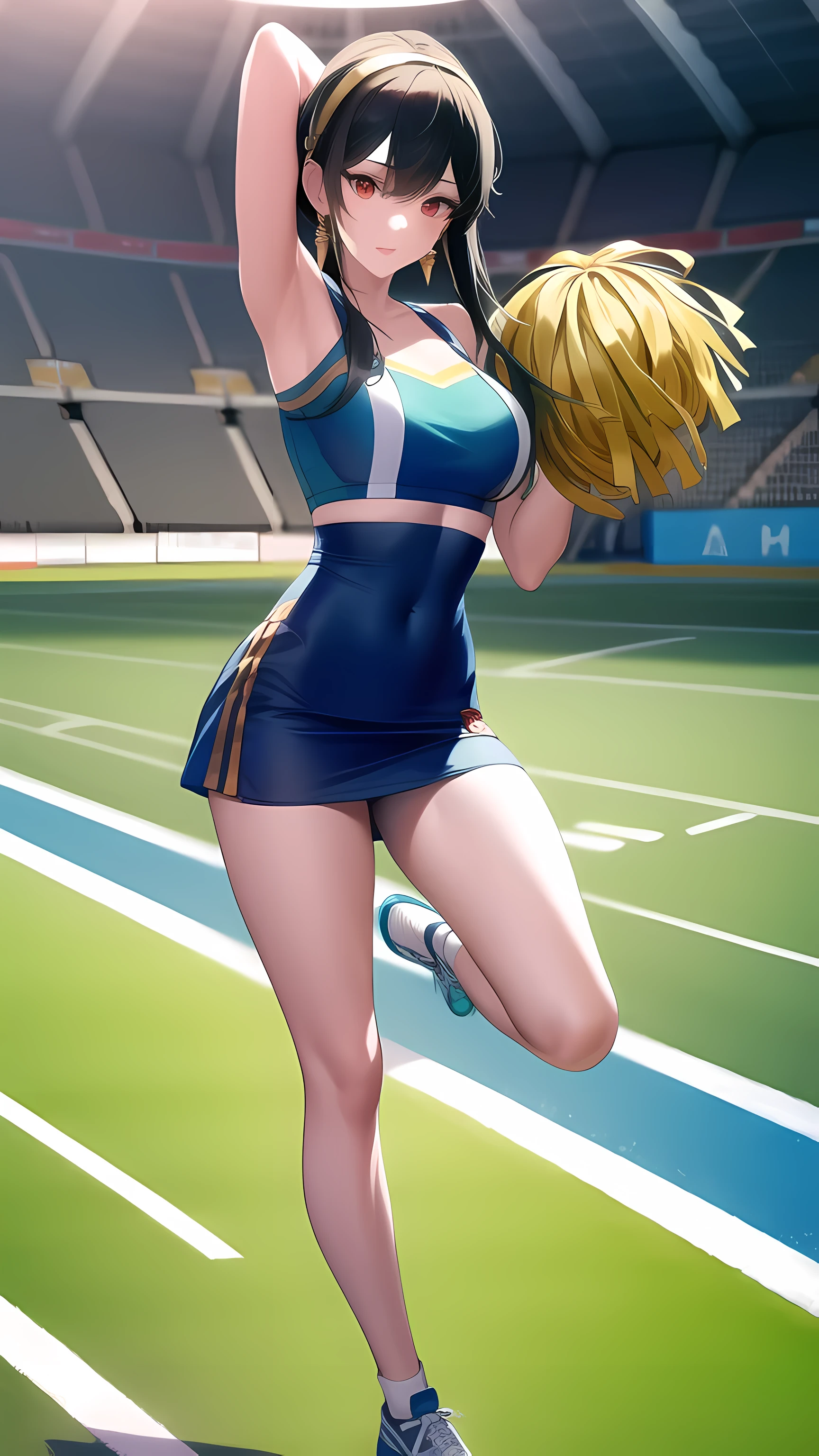  cheerleader outfit, football stadium, pom-poms, full body, (masterpiece), (best quality), ultra high res, ultra detailed, detailed eyes, intricate,  1girl, looking at viewer, bbyorf, short hair with long locks, gold hairband, red eyes, gold earrings, large breasts, 