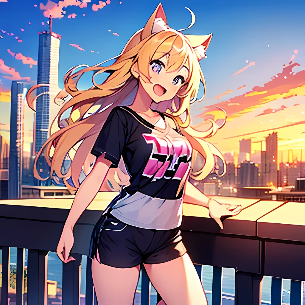 obra de arte, Melhor qualidade, 1 garota, (arte de pixel:1.2) foto de genevilda, orelhas de gato, camisa, shorts, fundo da cidade, Sorriso, boca aberta