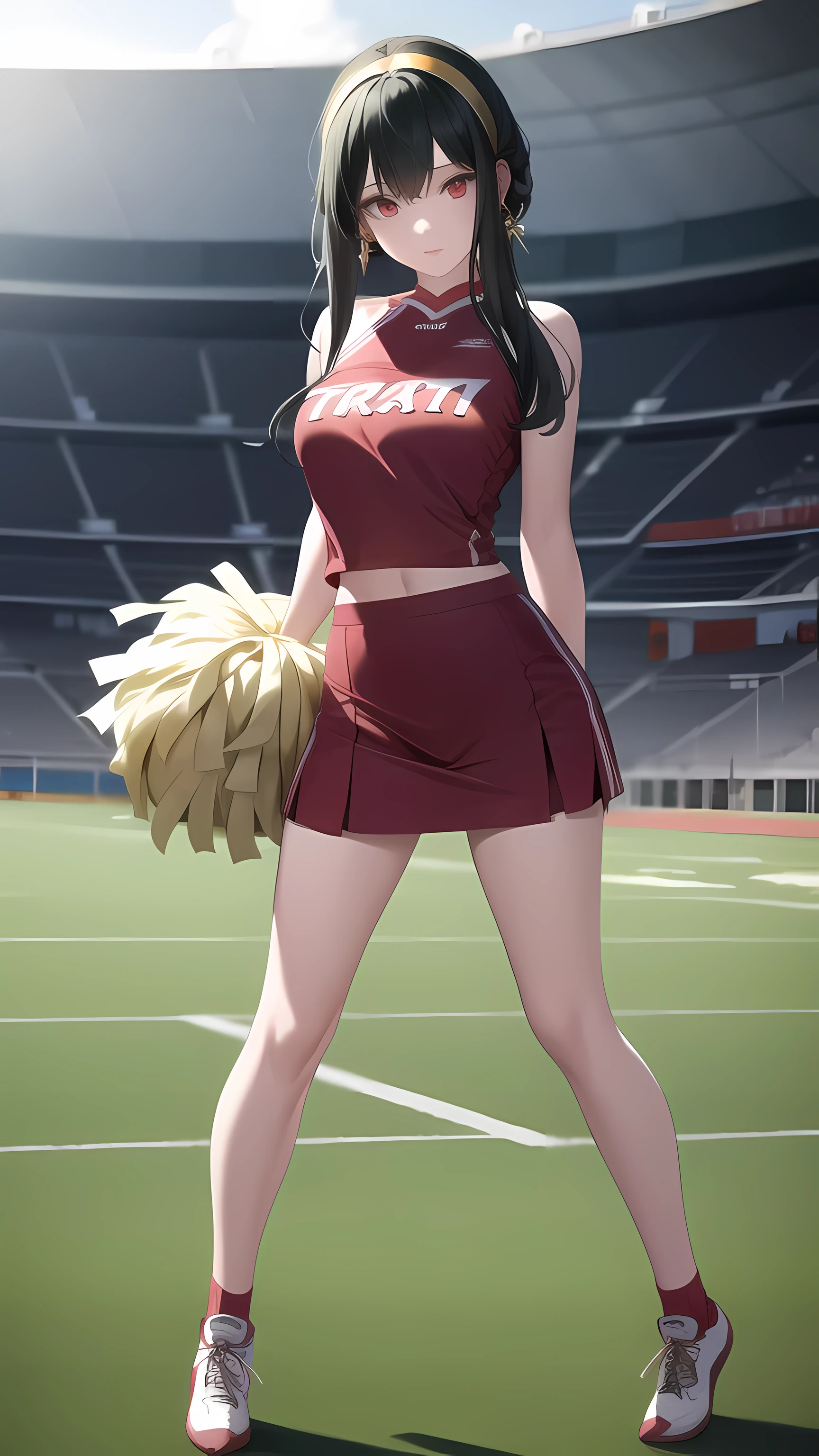  cheerleader outfit, football stadium, pom-poms, full body, (masterpiece), (best quality), ultra high res, ultra detailed, detailed eyes, intricate,  1girl, looking at viewer, bbyorf, short hair with long locks, gold hairband, red eyes, gold earrings, large breasts, 