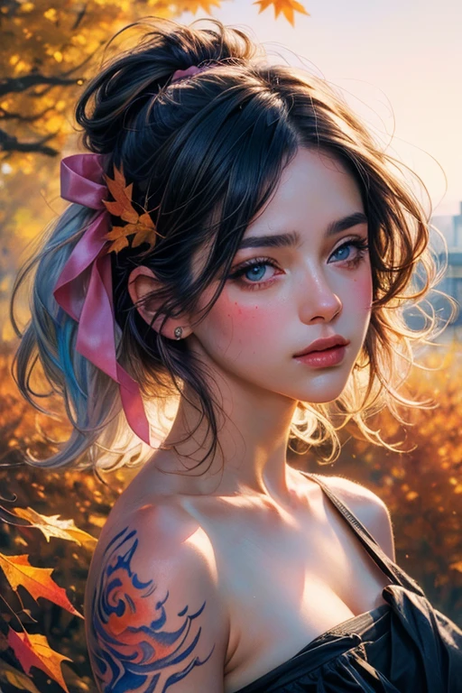 (8k, best quality, masterpiece:1.2),(best quality:1.0), (ultra highres:1.0), watercolor, a beautiful woman, shoulder, hair ribbons, by agnes cecile, half body portrait, extremely luminous bright design, pastel colors, (ink:1.3), autumn lights