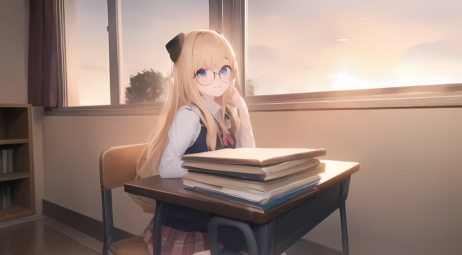 blonde anime girl with glasses and school outfit sitting at a desk with a stack of books, blue eyes, have cute brown dog ears, render of a cute 3d anime girl, smiling looking at camera, anime styled 3d, hanayamata, small curvy , 3d anime girl, anime moe artstyle, vrchat, , anime style. 8k, stylized anime, render of april, shikamimi, schoolgir, ddlc, sat at a desk