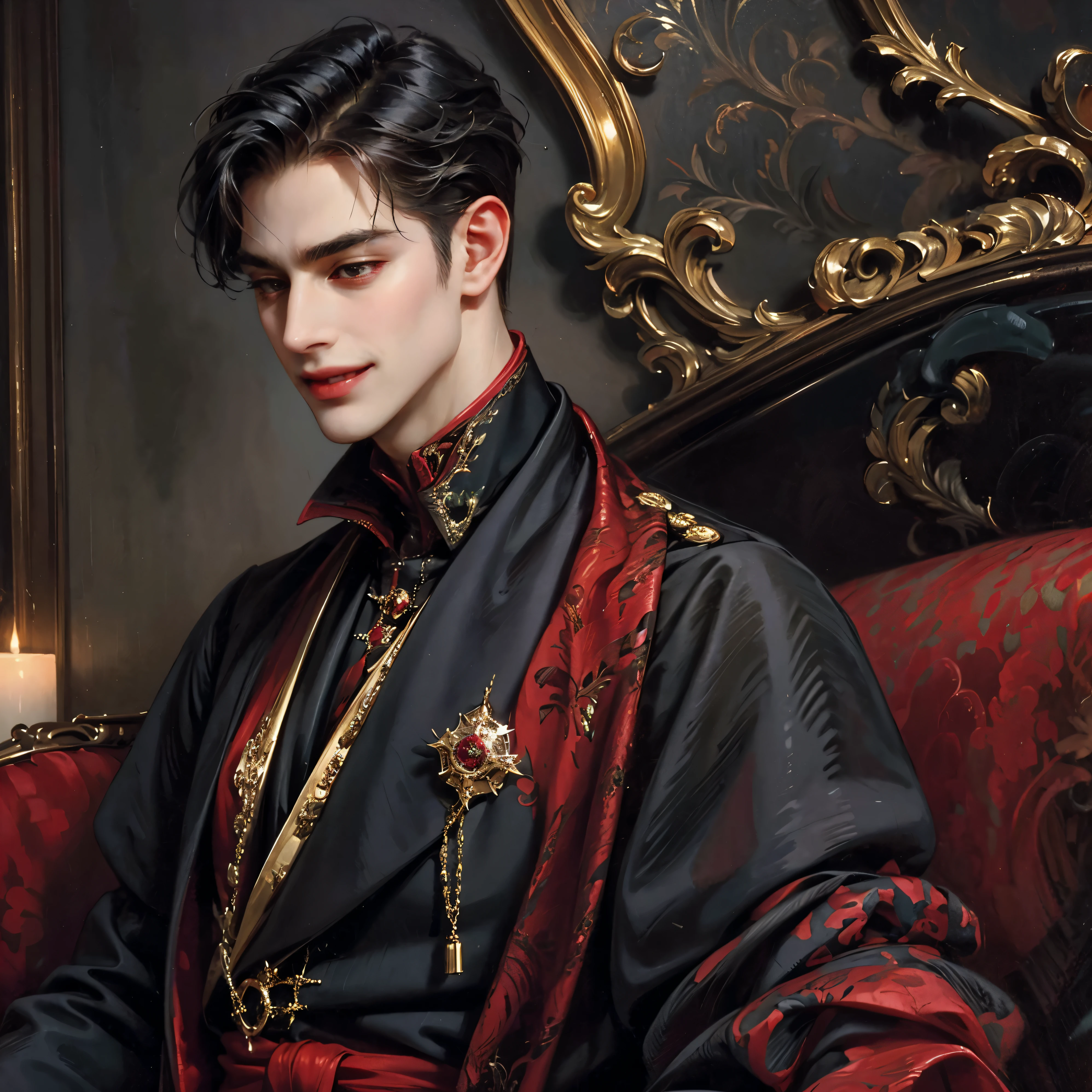 close up, avatar, A vampire, Handsome young man, long black hair, Red eyes, sharp fangs, elegant smile, Gorgeous costumes, Cinematic atmosphere