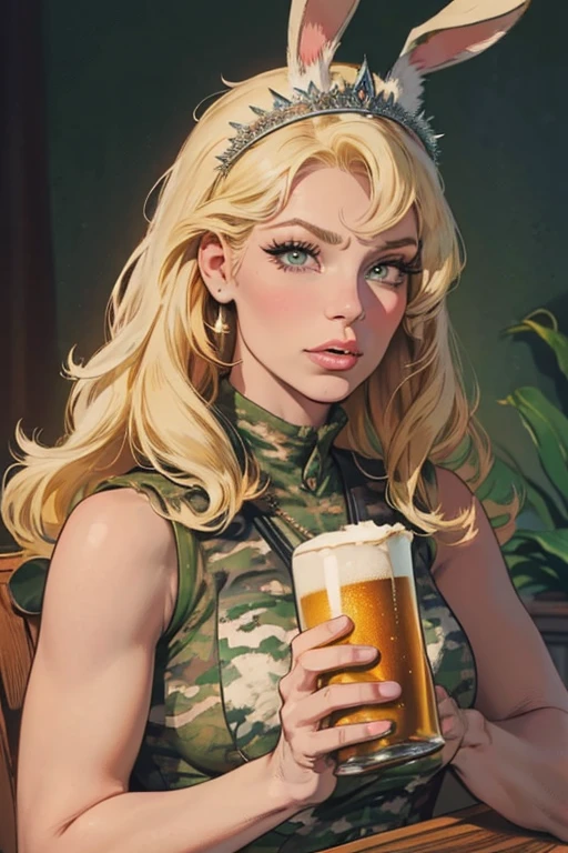 best quality, 8k, woman,blonde,beautiful,big eyelashes, little smile, looking to observer, cleavage,gray militar camouflage leotard over beige bodystocking, holding one beer glass