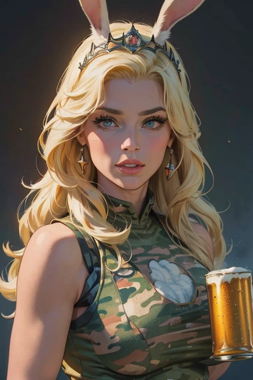 (best quality,8k,woman:1.2,blonde,lindo (beautiful),big eyelashes,looking at the viewer,rabbit ears tiara,lowcut,military camouflage vest,holding a beer can),ultra-detailed,realistic:1.37,portrait,striking colors,warm lighting