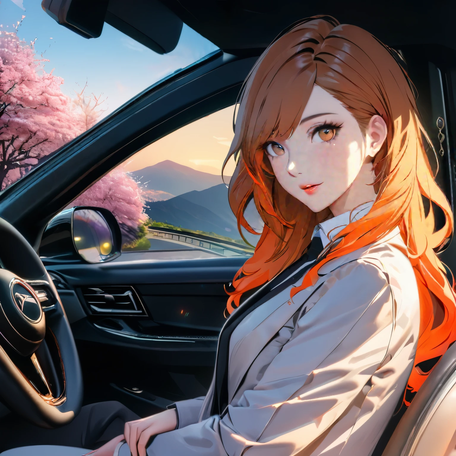 (best quality,8k,highres, masterpiece:1.2), ultra-detailed, HDR, UHD, studio lighting, ultra-fine painting, sharp focus, physically-based rendering, extreme detail description, professional, vivid colors, bokeh, portraits, concept artists, warm color palette, dramatic lighting,(shiny hair:1.4),A woman looks good in loose clothes reflected in the car window, a woman with her back turned, the reflection in the car window is on a beautiful hill with a blue sky with cherry blossoms in full bloom, an intersection where a car stops, a woman at the intersection is wearing a suit, an intersection at dusk,persona 3 style,cherry blizzard,