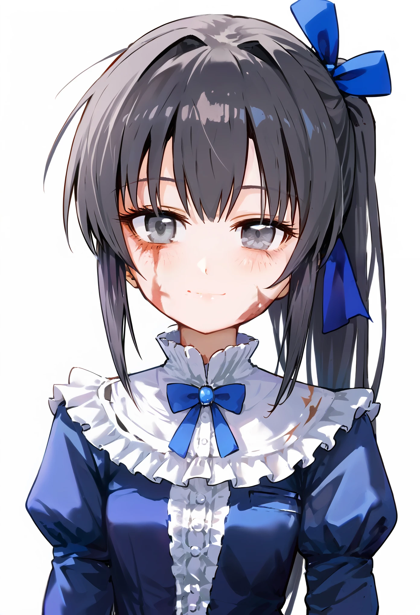 source anime, score_9, score_8_up, score_7_up, score_6_up, (masterpiece, best quality), a young girl standing, looking at viewer, burn scars, scars, black hair and gray eyes, long hair, tied in a ponytail with a blue ribbon, wearing a Victorian blue dress, white frills, head tilt, innexpressive, light smile, kind, closed mouth, upper body, white background, simple background, petit