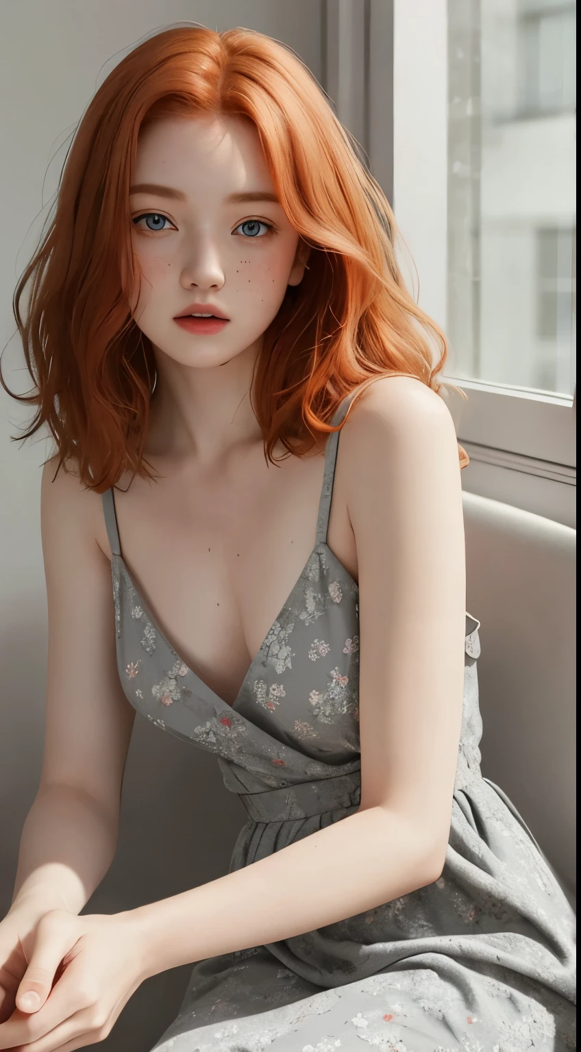 1girl in, 19, Solo, Aesthetic artwork, irish redhead, wavy ginger hair, shoulder length ginger hair, gray eyes, light grey eyes, some small freckles, pale skin, A-cup, small breasts, runners body, (textured skin, skin pores:1.1), (moles:0.8), imperfect skin, goosebumps, sitting down having coffee, drinking coffee, (extremely detailed 8k wallpaper), soft lighting, high quality, film grain, Fujifilm XT3 sharp focus, f 5.6, 50mm, High Detail, Sharp focus,(natural light), in a gray colored dress. A gyay sundress, floral pattern sundress, crazy details, complex details, hyperdetailed