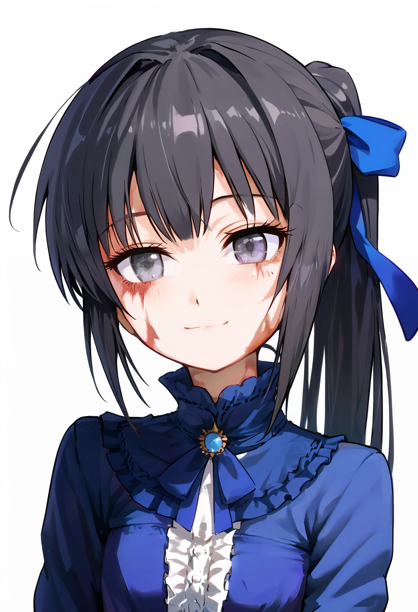 source anime, score_9, score_8_up, score_7_up, score_6_up, (masterpiece, best quality), a young girl standing, looking at viewer, burn scars, scars, black hair and gray eyes, long hair, tied in a ponytail with a blue ribbon, wearing a Victorian blue dress, white frills, head tilt, innexpressive, light smile, kind, closed mouth, upper body, white background, simple background, petit