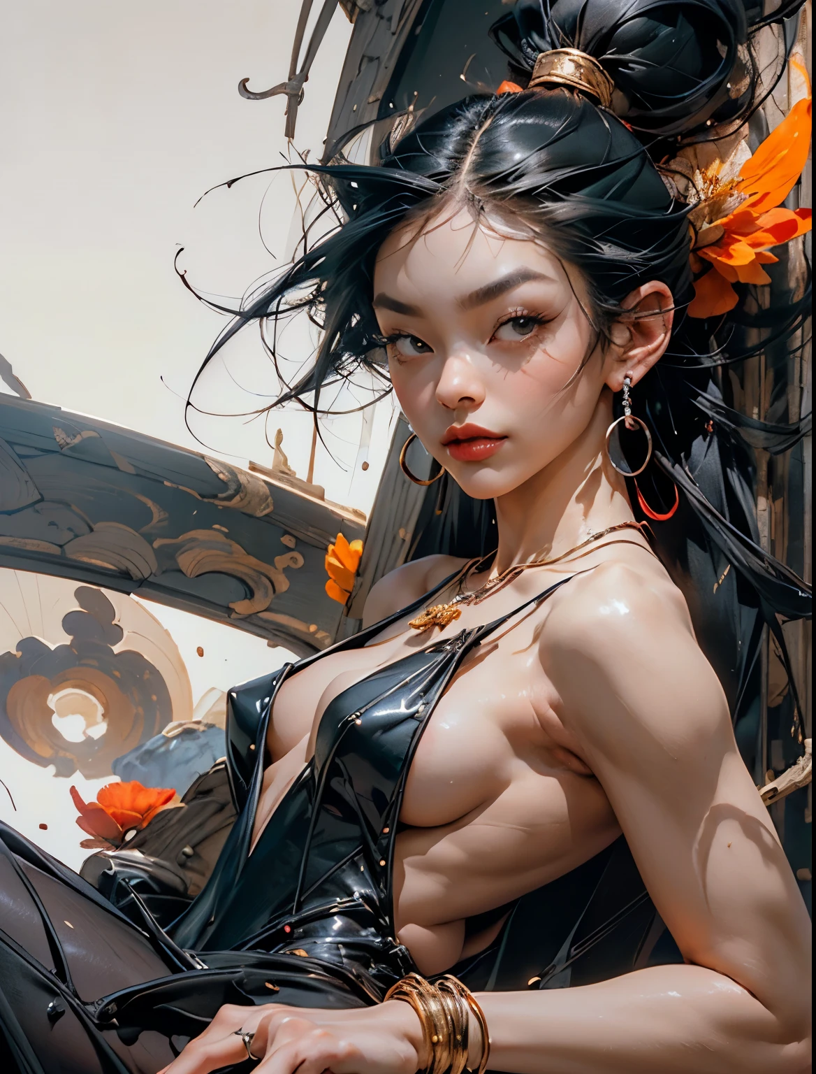 ((Alone, 1 +, sitting in front of the viewer plays the cello), (black transparent dress), (sexy, erotic), spreading her legs wide, plays the cello right in front of the viewer))_((Tender scarlet lips), (straight black hair - long, cascading hair), (wet straight hair))_((Stylization; clear line, clear stroke, high-quality linear drawing, shading))_((Simple color palettes), (color fill, richness of colors, saturation, harmony, balance), (pastel colors, pure colors), (classic-surrealism))_((Sexy, erotic), (simple, minimal accessories), (necklace and thin rings made of silver or gold), (simple bracelets, unusual design, simple silhouettes), (erotic style),(NSFW))_((Background),(abstract minimalism), (stunning abstract flowers-cubism), (lilies, extremely unusual, long stems - large stems))_ ((Masterpiece, highest quality), (clear frame, soft shadows, contrasting light), (warm range of colors, golden light, contrasting light with cold side lighting, expressing volume and shape))_ ((Stylized digital painting), ( soft clear shapes, wide strokes, attention to detail), (clear elegant line, color fill))_((High quality, 4K | Ultra HD | Full HD, cinematic rendering)).