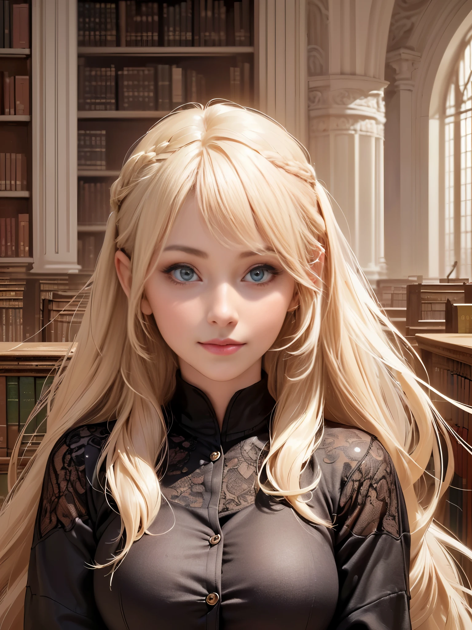(highest quality, 8k, High resolution, realistic:2.0), (((alone, one girl:2.0))),(lit: front),(lit: strong),(ultimate beautiful girl:2.0),(shiny skin),(oily skin),(platinum blonde hair:1.3),(straight long hair:2.0),blush brown makeup , dark eye makeup , use pink glossy lipstick,eye swelling、(girl with big beady eyes:1.5),((round face, smile, big breasts,big ))、flushed complexion、（sexy pose）、((At the library))、（anatomically correct）、（perfect body proportions)、 ((perfect hands))、 (((perfect fingers)))、(oily skin:1.5)、