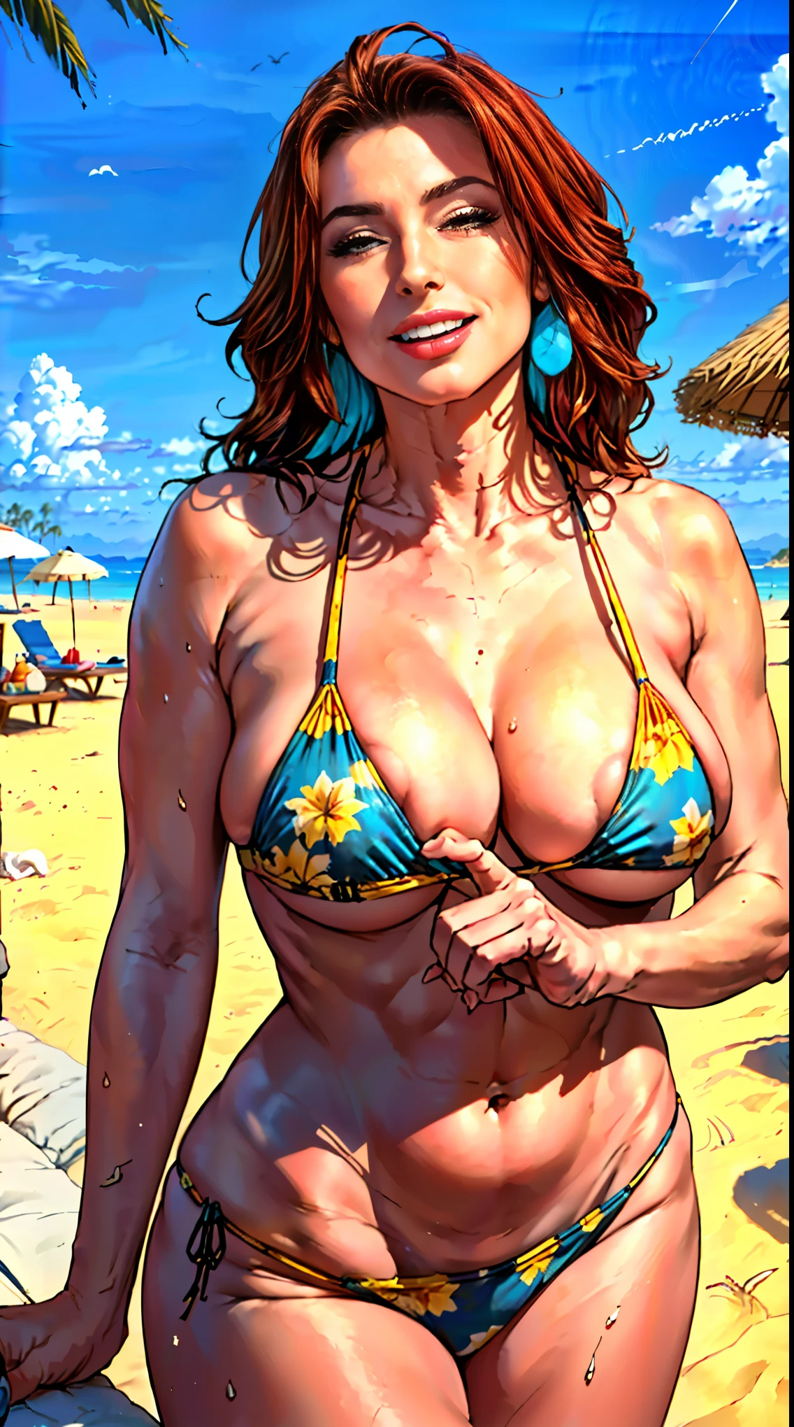 (best quality,4k,8k,highres,masterpiece:1.2),ultra-detailed,(realistic,photorealistic,photo-realistic:1.37),bright and vibrant colors,a sunny beach,shimmering turquoise water,soft golden sand,glistening sunlit waves,beautiful detailed faces and bodies,expressive eyes and lips,gorgeous tanned skin,golden-brown hair flowing in the breeze,confident and joyful expressions,curvy and feminine figures,showcasing strength and beauty,stylish and fashionable bikinis,meticulously designed swimsuits,floral patterns and tropical prints,sparkling accessories and jewelry,posing playfully in the sand,laughing and splashing in the water,enjoying the warmth of the sun,relaxing under colorful umbrellas,palm trees swaying in the background,indulging in refreshing tropical cocktails,feeling the cool sea breeze on their skin,admiring the picturesque ocean view,exotic flowers and plants in bloom,enhancing the vibrant beach scene,delicate seashells and starfish scattered around,sandcastles and beach toys for fun,music playing in the distance,creating a lively and festive atmosphere,white fluffy clouds dotting the clear blue sky,seagulls soaring above in the air,creating a sense of freedom and bliss,a perfect summer getaway destination,bringing joy and happiness to all who see the painting.