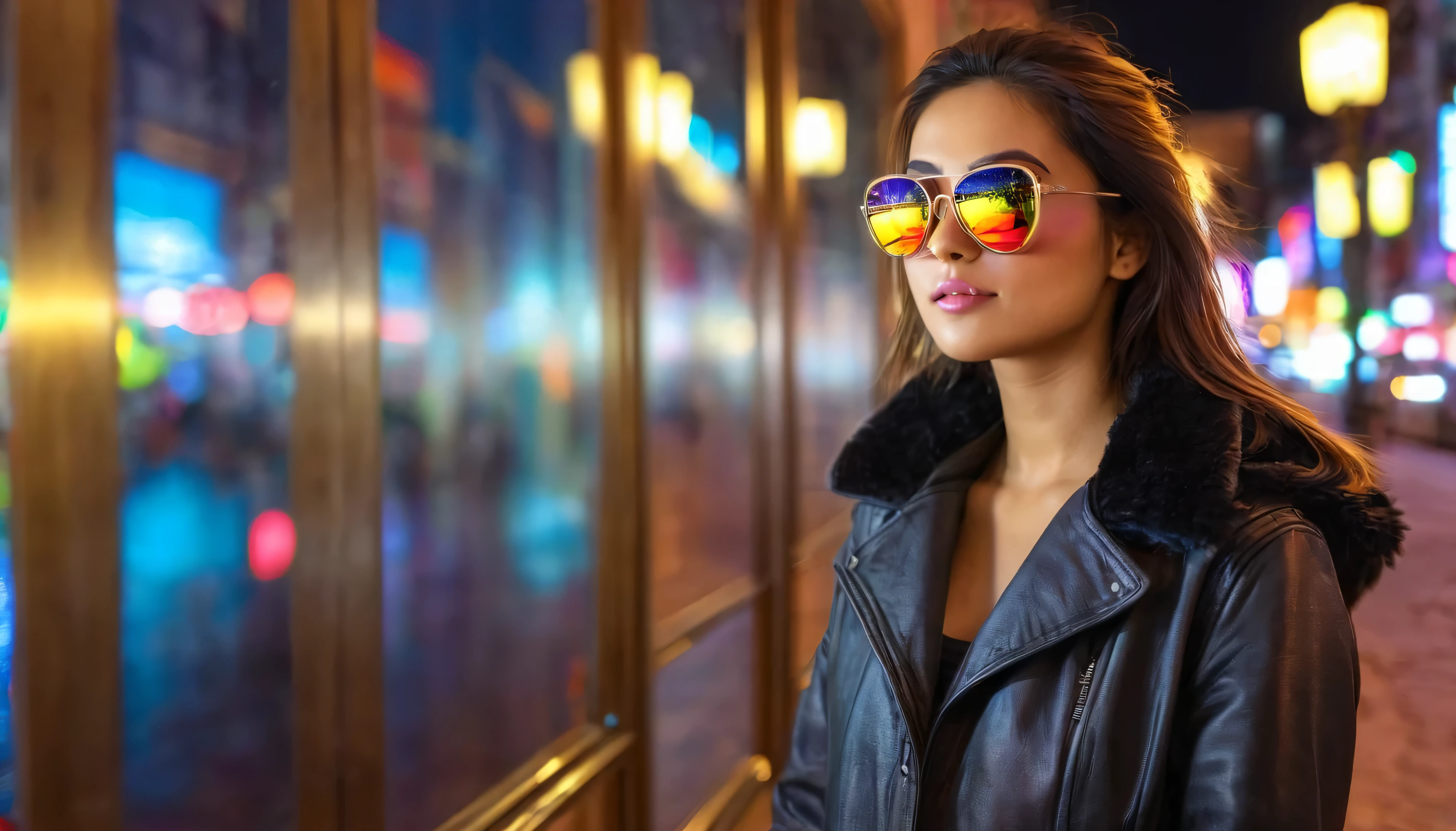 reflection sunglasses: night city a girl (front) with sunglasses that reflects the night city in front of her. Brightness in reflections, lights of floor lamps, night lighting, colored bezel, luminous bezel. high quality, HDR, dynamic photo, 16K.