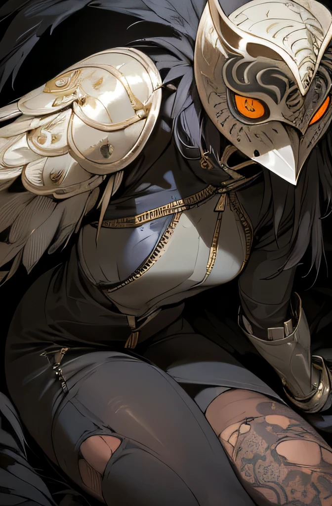 Dark souls, women, full body, slender, owl armor, owl helmet, owl pilot mask, face covered, lace bodysuit, crotch zipper, front zipper, undzipped, single long sleeve, clawed boots, feathers, dark industrial military, red accents, gold embroidery, (erotic), (close up on crotch)