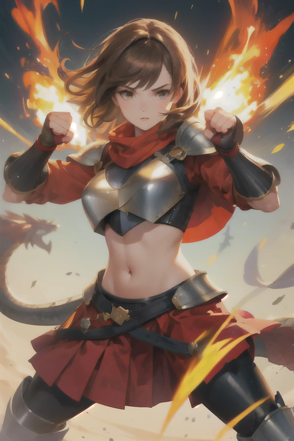 ((Mejor calidad)), ((obra maestra)), (detallado), perfect face Western woman 30 years old brown hair expert fighter Dragon tail skin armor, bare abdomen skirt hands like fists elements of fire