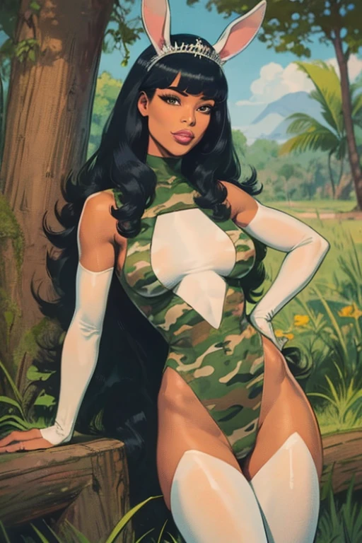 Melhor qualidade, 8k, mulher,black skin, lindo,big eyelashes, looking to observer, little smile, rabbit ears tiara, cleavage,gray militar camouflage leotard over suntan shiny nylon bodystocking, holding a beer can, florish forest scenario