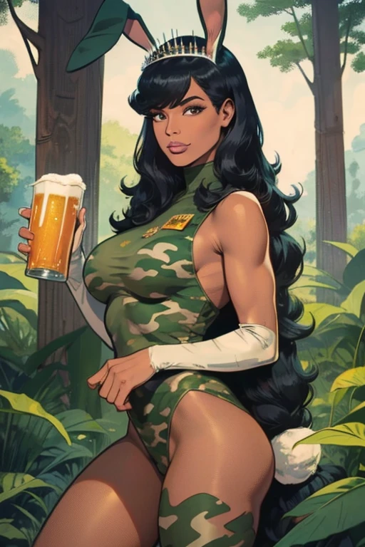 Melhor qualidade, 8k, mulher,black straighr hair, bangs,lindo,big eyelashes, looking to observer, little smile, rabbit ears tiara, decote,militar camouflage vest over beige nylon bodystocking, holding a beer can, florish forest scenario