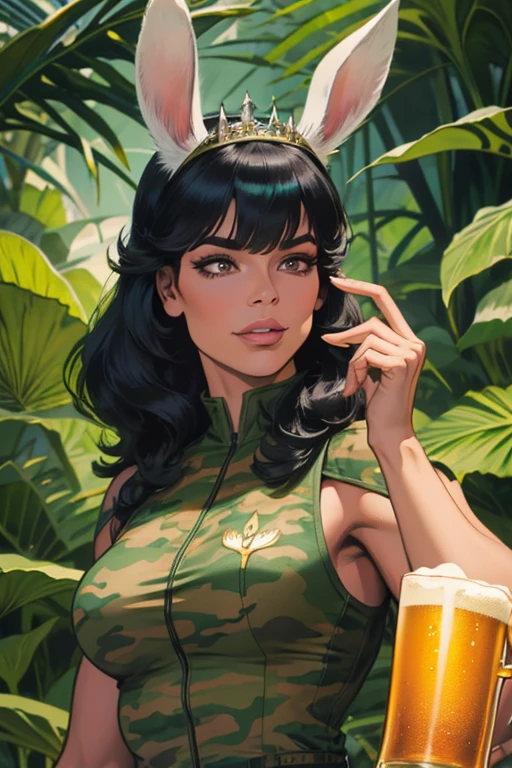 Melhor qualidade, 8k, mulher,black straighr hair, bangs,lindo,big eyelashes, looking to observer, little smile, rabbit ears tiara, decote,militar camouflage vest, holding a beer can, florish forest scenario