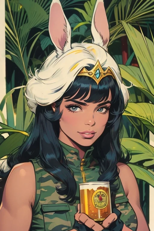 Melhor qualidade, 8k, mulher,black straighr hair, bangs,lindo,big eyelashes, looking to observer, little smile, rabbit ears tiara, decote,militar camouflage vest, holding a beer can, florish forest scenario