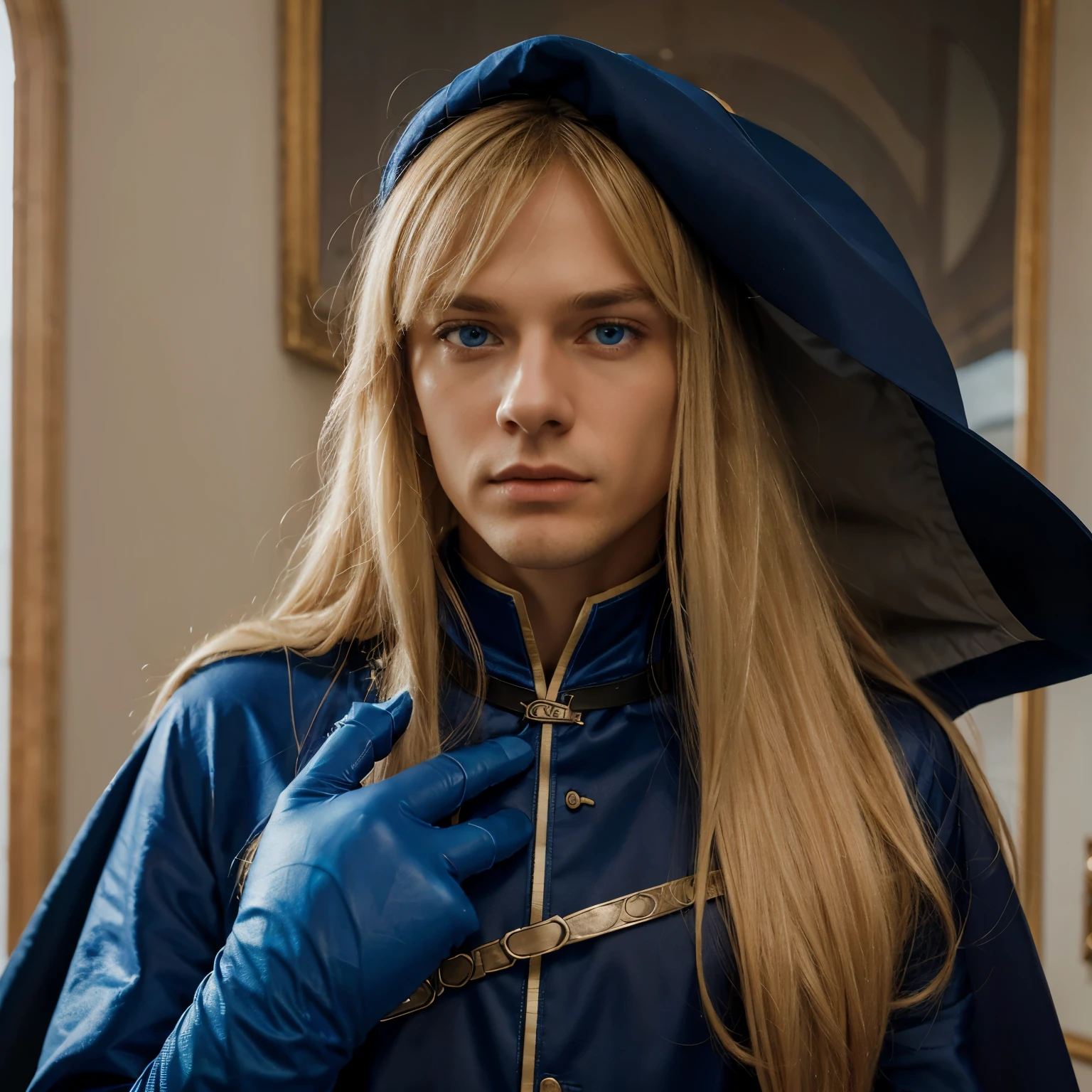 masterpiece, best quality, 1man, adult, male focus, solo,long blonde hair, vibrant blue eyes, gloves, looking at viewer, cape, closed mouth, upper body, bangs, high collar,(kbxll:0.6), Fantasy aesthetics, Highly detailed