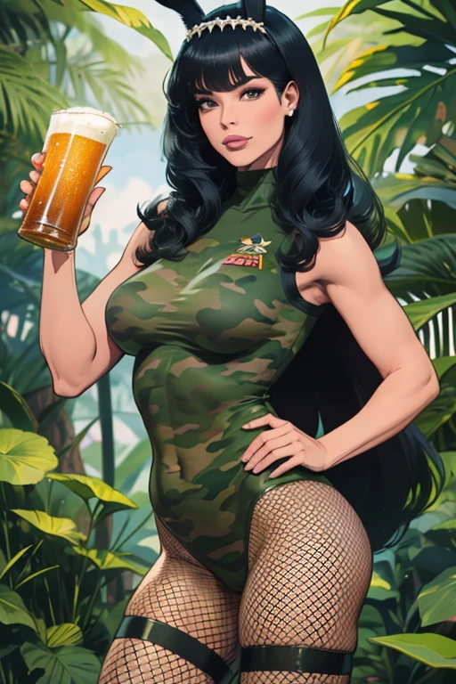 Melhor qualidade, 8k, mulher,black straight hair, bangs,lindo,fake eyelashes, looking to observer, little smile, rabbit ears tiara, decote,militar camouflage vest over fishnets nylon bodystocking, holding a beer can, florish forest scenario