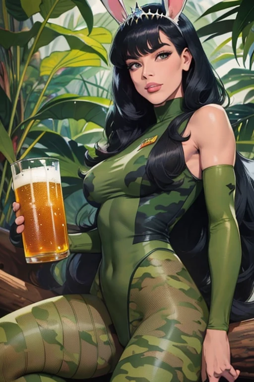 Melhor qualidade, 8k, mulher,black straight hair, bangs,lindo,fake eyelashes, looking to observer, little smile, rabbit ears tiara, decote,militar camouflage vest over fishnets nylon bodystocking, holding a beer can, florish forest scenario