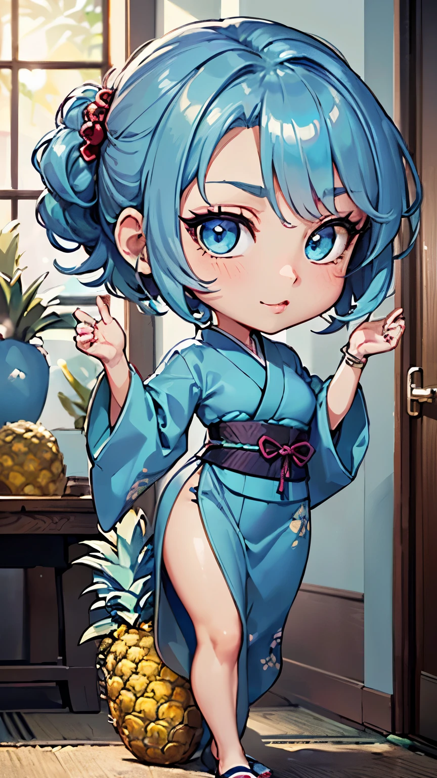 (((masterpiece,best quality,Highly detailed CG Unity 8K wallpaper))、(one person、movie lighting,lens flare glow),(beautiful and fine eyes,close,close up of face,close up of eyes),(Landscape,colorful light,particulate、light blue hair,Short chignon hair:1.3),(perfect face,fashionable clothes,There's light in my eyes,colored shiny spots,clear eyes,sleepy eyes、well-groomed thin eyebrows、glossy lips、Yokohiro's mouth、hollywood actor makeup、blush)、(Bright gradient、healing fantasy、very detailed eyes:1.1),(chibi whole body、beautiful curves、beautiful human limbs、Because I'm slender、inner thigh:1.5),(pineapple、anime moe:1.3),(light blue hair,Short chignon hair:1.5)、(best writing、best shadow、very delicate and beautiful:1.1)、(pineappleの置物:1.5)、 (movie poster:1.1)、(coordinated accessories、clean lines、Haori、Silk Japanese clothes with embroidery:1.3)、(attractive face、Cuteness and sophisticated beauty:1.3)、(entrance of the house、Large door、Wide entrance、No expression、Azatoi、Hair styling、morning view:1.1)、