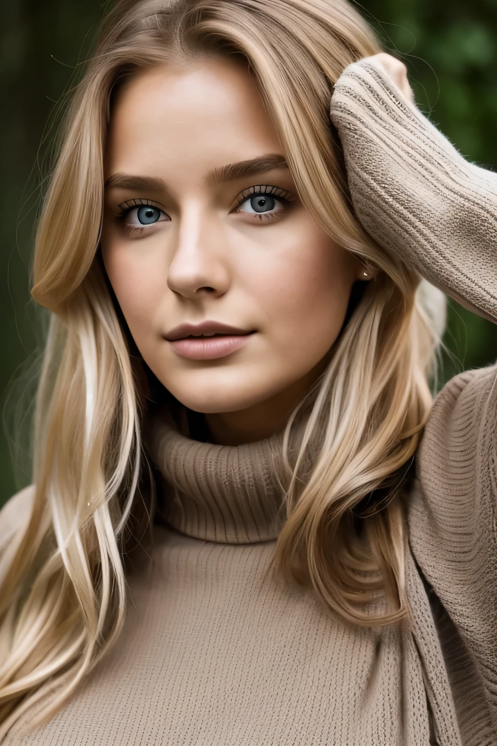 1girl 21 years old, nur, Lange Haare, midsize , pullover, Blick auf den Betrachter, hellblondes Haar, nackte Schultern, braune Augen, Schmuck, full entire body, Halskette, schulterfrei, outfit, lips, realistisch, Nase, Flirten mit der Kamera, portrait, nature