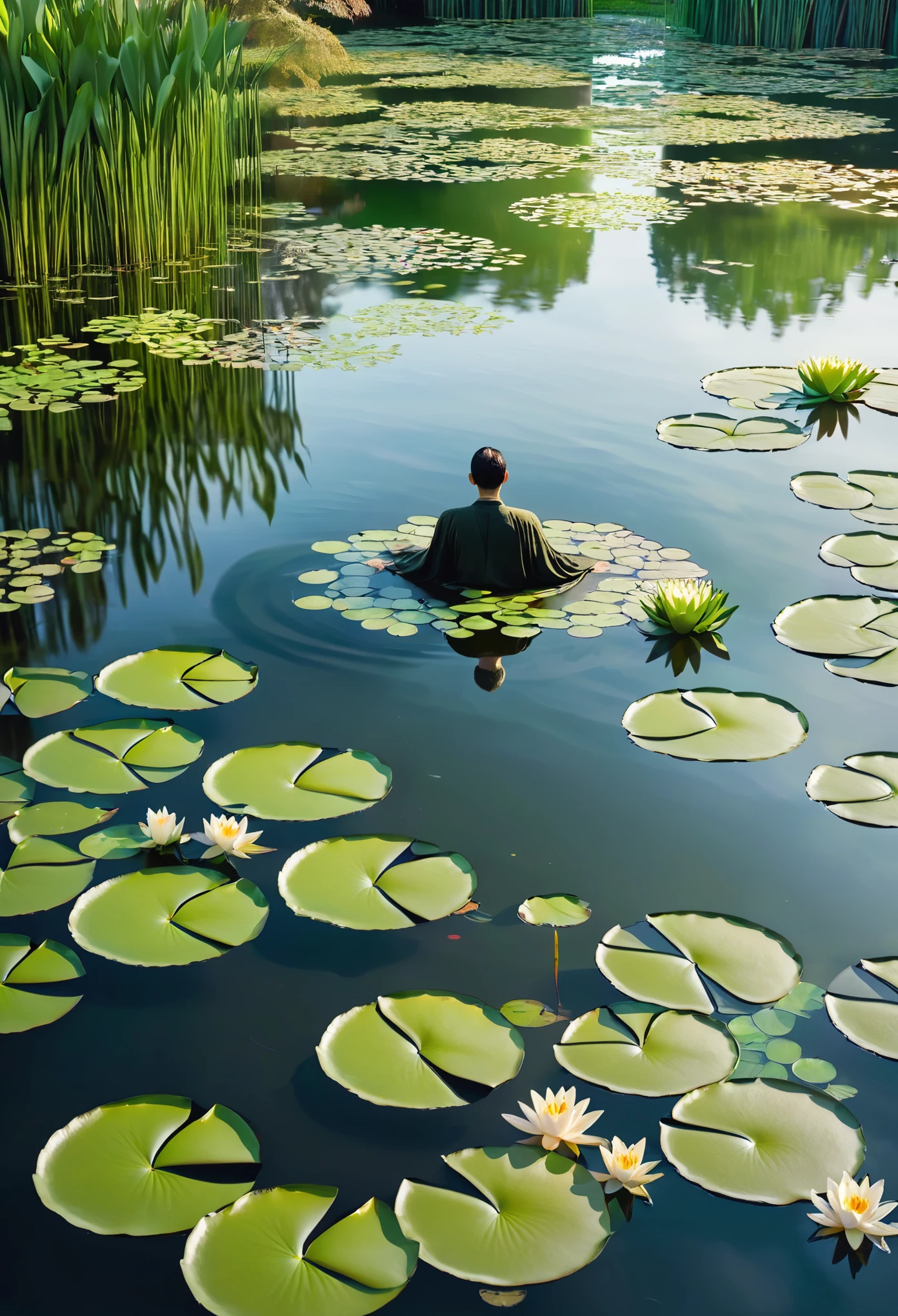 a man in a pond with lily pads in the water, floating in a powerful zen state, 