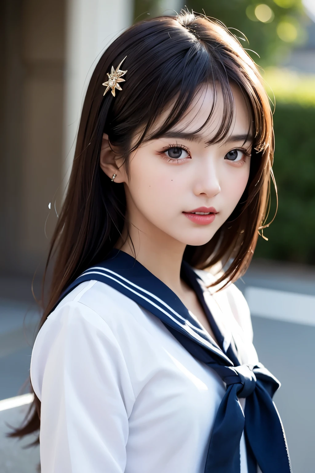 Close-up, masterpiece, highest quality, Raw photo, Photoreal, laughter, beautiful girl, cute, hair length, Depth of the bounds written, High resolution, 超detailedな, detailed, extremely detailedd eye and face, sharp pupils, realistic student, sharp focus, cinematic lighting、, serafuku, pleated skirt, sailor collar, white shirt,、Upper body、