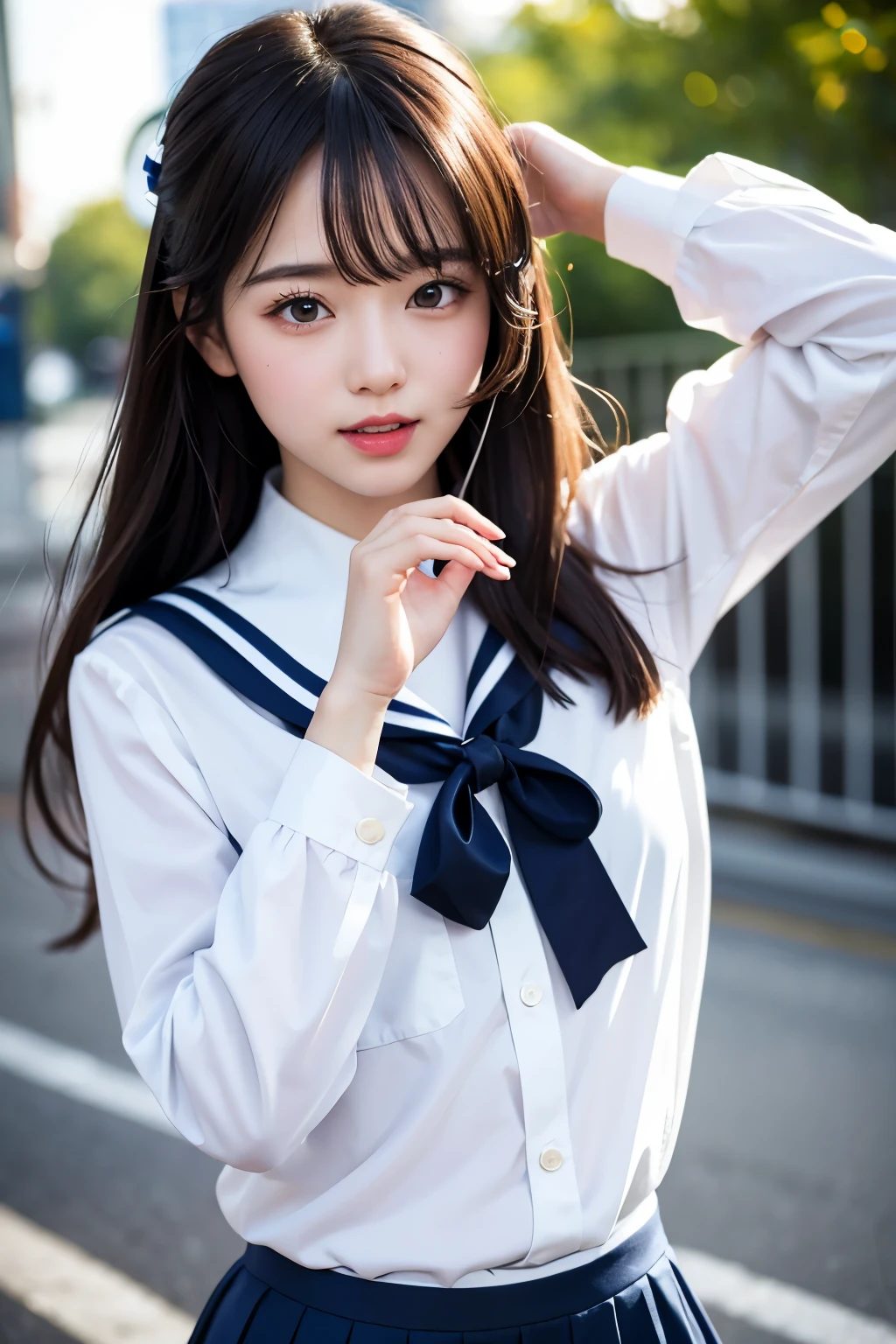 Close-up, masterpiece, highest quality, Raw photo, Photoreal, laughter, beautiful girl, cute, hair length, Depth of the bounds written, High resolution, 超detailedな, detailed, extremely detailedd eye and face, sharp pupils, realistic student, sharp focus, cinematic lighting、, serafuku, pleated skirt, sailor collar, white shirt,、Upper body、