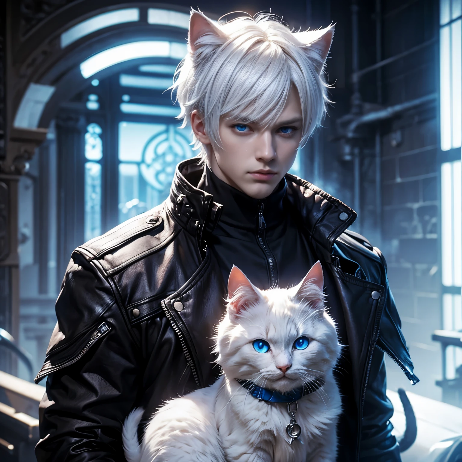 Man, male, white hair, blue eyes, cat ears, neko