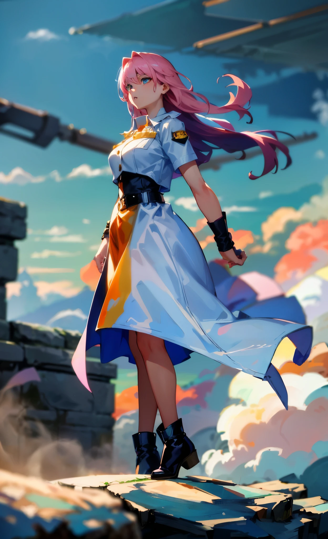 (A beautiful young girl with long curly pink hair, slender eyebrows, sparkling eyes, a bewildered expression, an oval-shapedl face with pale skin, a knee-length form-fitting leather trench coat with very short sleeves, she adorns both hands with metallic wrist guards in a sci-fi ancient civilization style, her long legs are clad in leather boots as she soars through the misty clouds), this character embodies a finely crafted fantasy-realism style western ranger in anime style, exquisite and mature manga art style, porcelain skin, perfect skin, perfect eyes, high definition, best quality, highres, ultra-detailed, ultra-fine painting, extremely delicate, professional, anatomically correct, symmetrical face, extremely detailed eyes and face, high quality eyes, creativity, RAW photo, UHD, 32k, Natural light, cinematic lighting, masterpiece-anatomy-perfect, masterpiece:1.5