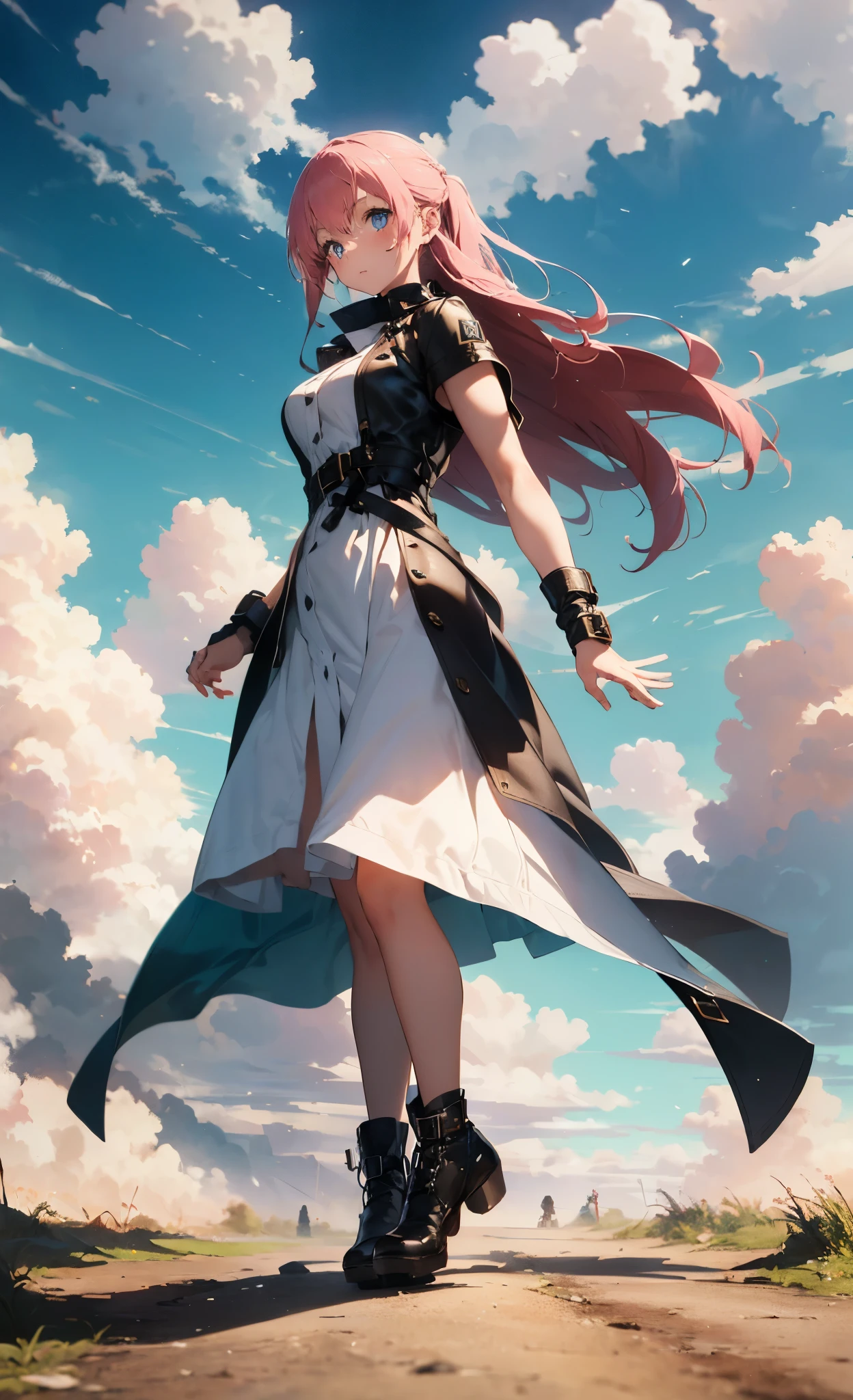(A beautiful young girl with long curly pink hair, slender eyebrows, sparkling eyes, a bewildered expression, an oval-shapedl face with pale skin, a knee-length form-fitting leather trench coat with very short sleeves, she adorns both hands with metallic wrist guards in a sci-fi ancient civilization style, her long legs are clad in leather boots as she soars through the misty clouds), this character embodies a finely crafted fantasy-realism style western ranger in anime style, exquisite and mature manga art style, porcelain skin, perfect skin, perfect eyes, high definition, best quality, highres, ultra-detailed, ultra-fine painting, extremely delicate, professional, anatomically correct, symmetrical face, extremely detailed eyes and face, high quality eyes, creativity, RAW photo, UHD, 32k, Natural light, cinematic lighting, masterpiece-anatomy-perfect, masterpiece:1.5