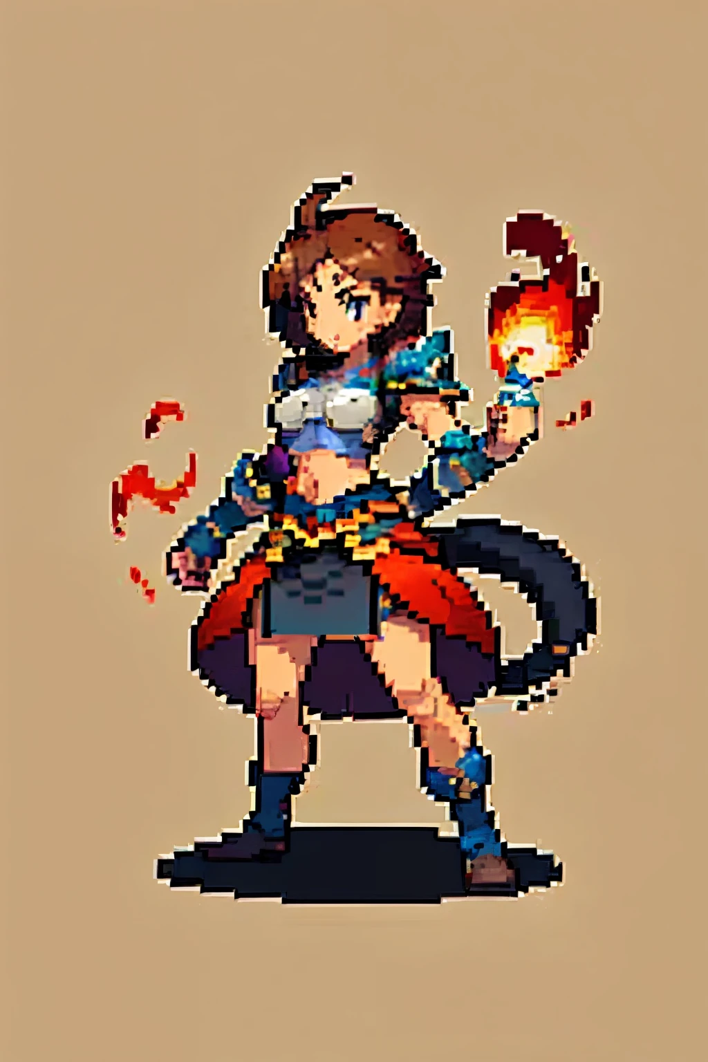 Pixel art Beautiful Western woman 30 years old brown hair expert fighter Dragon tail skin armor, bare abdomen skirt hands like fists elements of fire