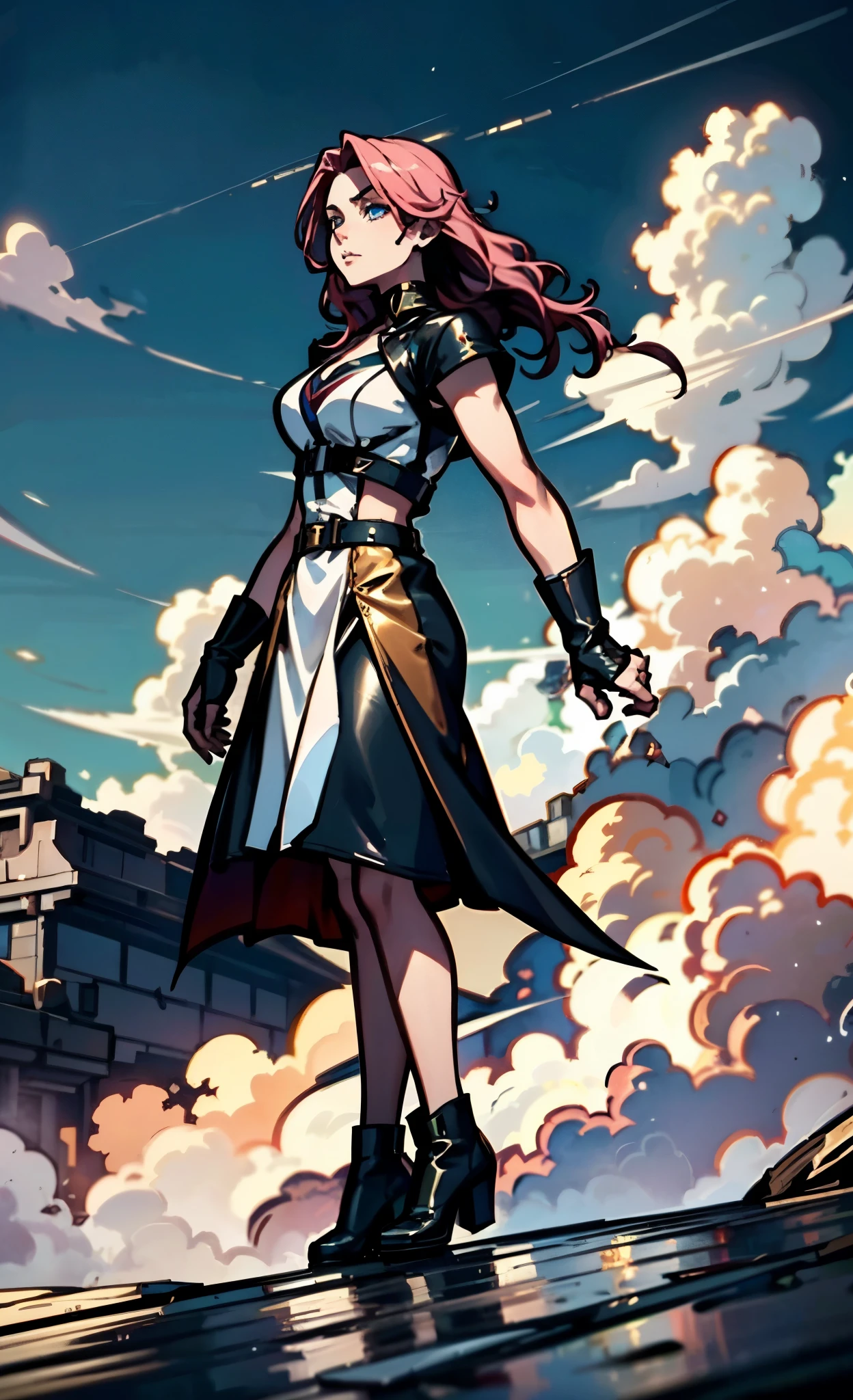 (A beautiful young girl with long curly pink hair, slender eyebrows, sparkling eyes, a bewildered expression, an oval-shapedl face with pale skin, a knee-length form-fitting leather trench coat with very short sleeves, she adorns both hands with metallic wrist guards in a sci-fi ancient civilization style, her long legs are clad in leather boots as she soars through the misty clouds), this character embodies a finely crafted fantasy-realism style western ranger in anime style, exquisite and mature manga art style, porcelain skin, perfect skin, perfect eyes, high definition, best quality, highres, ultra-detailed, ultra-fine painting, extremely delicate, professional, anatomically correct, symmetrical face, extremely detailed eyes and face, high quality eyes, creativity, RAW photo, UHD, 32k, Natural light, cinematic lighting, masterpiece-anatomy-perfect, masterpiece:1.5