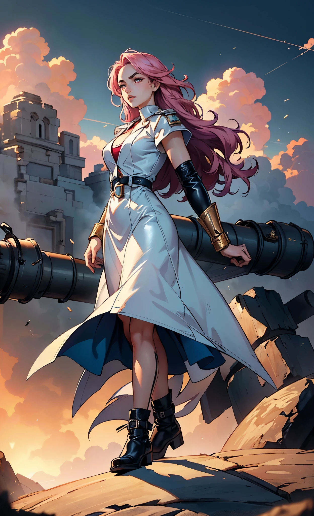 (A beautiful young girl with long curly pink hair, slender eyebrows, sparkling eyes, a bewildered expression, an oval-shapedl face with pale skin, a knee-length form-fitting leather trench coat with very short sleeves, she adorns both hands with metallic wrist guards in a sci-fi ancient civilization style, her long legs are clad in leather boots as she soars through the misty clouds), this character embodies a finely crafted fantasy-realism style western ranger in anime style, exquisite and mature manga art style, porcelain skin, perfect skin, perfect eyes, high definition, best quality, highres, ultra-detailed, ultra-fine painting, extremely delicate, professional, anatomically correct, symmetrical face, extremely detailed eyes and face, high quality eyes, creativity, RAW photo, UHD, 32k, Natural light, cinematic lighting, masterpiece-anatomy-perfect, masterpiece:1.5
