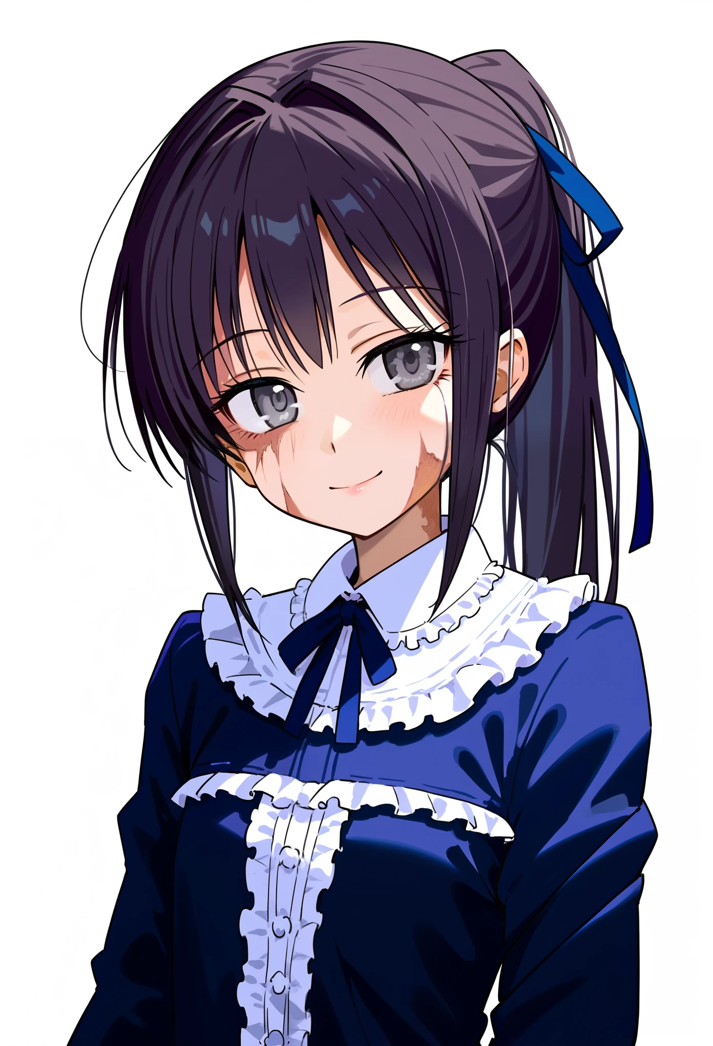 score_9, score_8_up, score_7_up, score_6_up, (masterpiece, best quality, source_anime), a young girl standing, looking at viewer, burn scars, scars, black hair and gray eyes, long hair, tied in a ponytail with a blue ribbon, wearing a Victorian blue dress, white frills, head tilt, innexpressive, light smile, kind, closed mouth, upper body, white background, simple background, petit