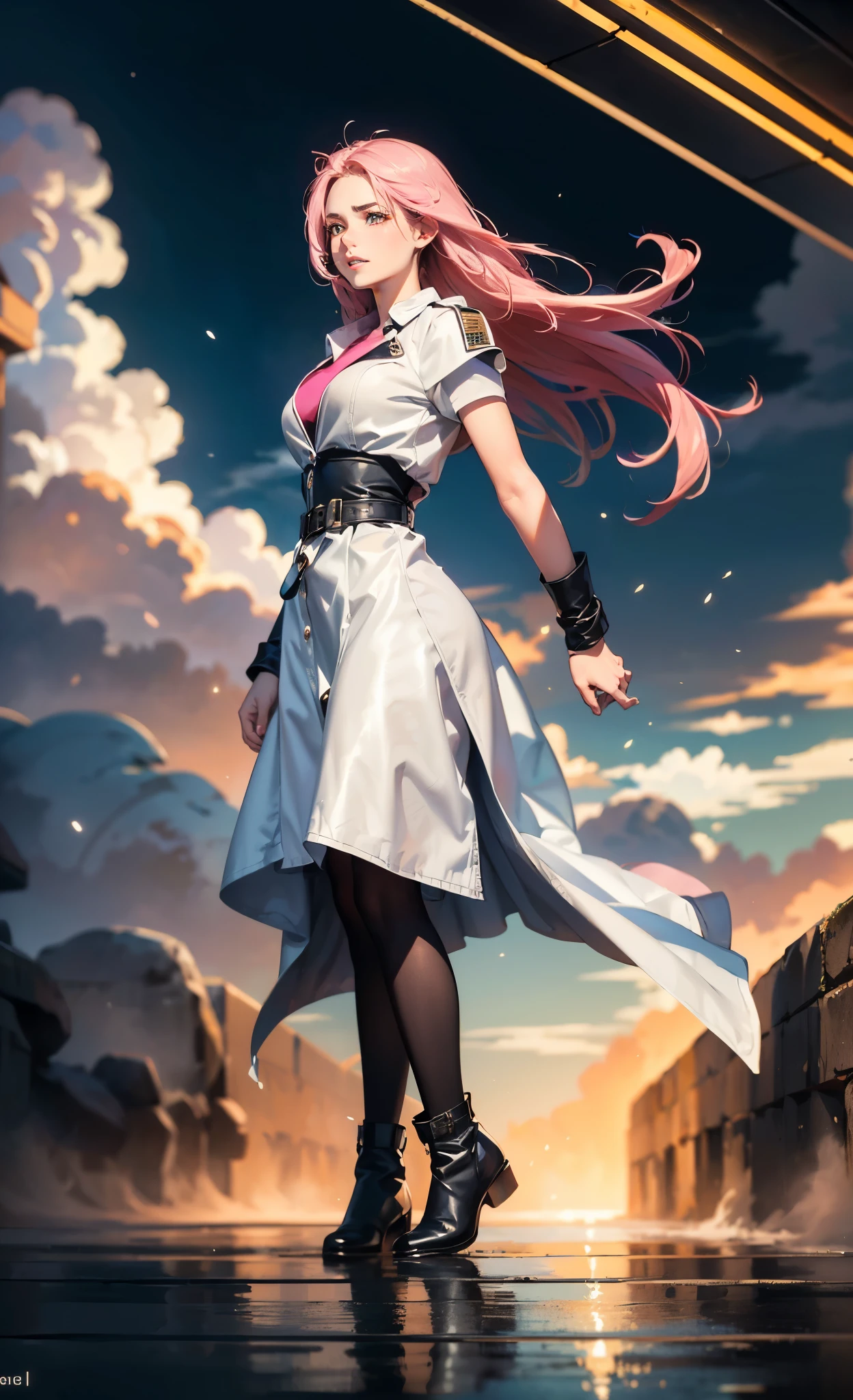 (A beautiful young girl with long curly pink hair, slender eyebrows, sparkling eyes, a bewildered expression, an oval-shapedl face with pale skin, a knee-length form-fitting leather trench coat with very short sleeves, she adorns both hands with metallic wrist guards in a sci-fi ancient civilization style, her long legs are clad in leather boots as she soars through the misty clouds), this character embodies a finely crafted fantasy-realism style western ranger in anime style, exquisite and mature manga art style, porcelain skin, perfect skin, perfect eyes, high definition, best quality, highres, ultra-detailed, ultra-fine painting, extremely delicate, professional, anatomically correct, symmetrical face, extremely detailed eyes and face, high quality eyes, creativity, RAW photo, UHD, 32k, Natural light, cinematic lighting, masterpiece-anatomy-perfect, masterpiece:1.5