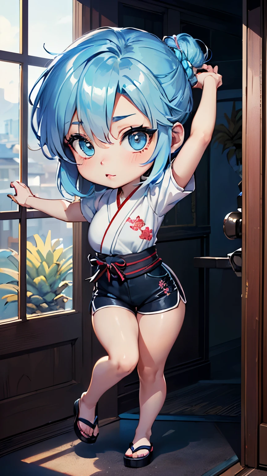(((masterpiece,best quality,Highly detailed CG Unity 8K wallpaper))、(one person、movie lighting,lens flare glow),(beautiful and fine eyes,close,close up of face,close up of eyes),(Landscape,colorful light,particulate、light blue hair,Short chignon hair:1.3),(perfect face,fashionable clothes,There's light in my eyes,colored shiny spots,clear eyes,sleepy eyes、well-groomed thin eyebrows、glossy lips、Yokohiro's mouth、hollywood actor makeup、blush)、(Bright gradient、healing fantasy、very detailed eyes:1.1),(chibi whole body、beautiful curves、beautiful human limbs、Because I'm slender、inner thigh:1.5),(pineapple、anime moe:1.3),(light blue hair,Short chignon hair:1.5)、(best writing、best shadow、very delicate and beautiful:1.1)、(pineappleの置物:1.5)、 (movie poster:1.1)、(coordinated accessories、clean lines、t-back shorts、Haori、Silk Japanese clothes with embroidery:1.3)、(attractive face、Cuteness and sophisticated beauty:1.3)、(entrance of the house、Large door、Wide entrance、No expression、Azatoi、Hair styling、morning view:1.1)、