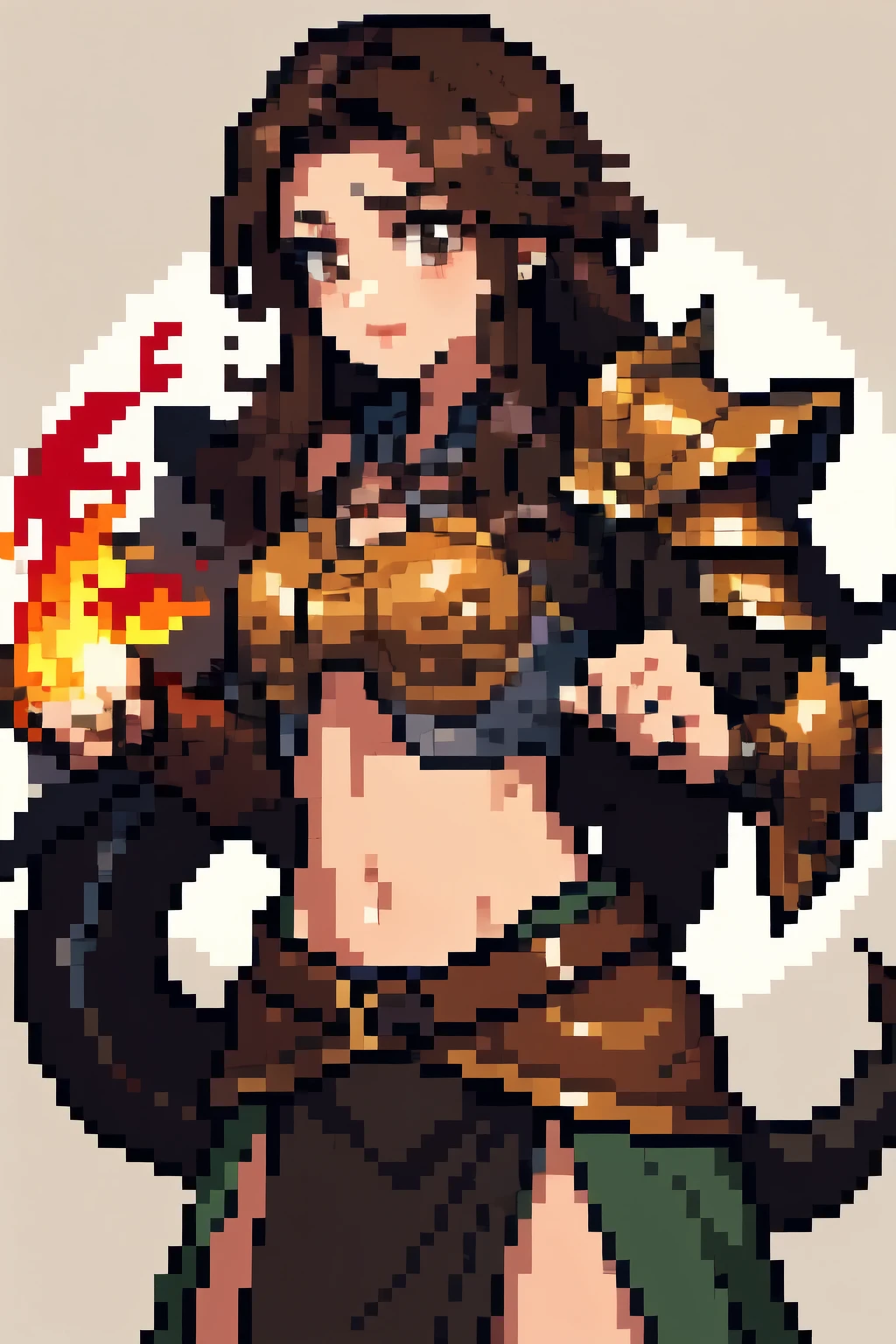 Pixel art Beautiful Western woman 30 years old brown hair expert fighter Dragon tail skin armor, bare abdomen skirt hands like fists elements of fire