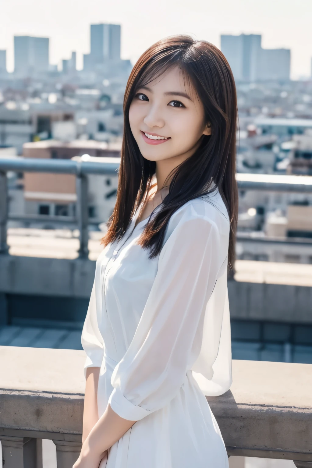 Portrait photo of a beautiful Japanese female college student,
(Raw photo 1.2), (graphic 1.4), (Masterpiece 1.3), Near Shot, (Highest quality 1.4), dream-like,
(beautiful detailed girl, very detailed eyes and face, beautifully detailed nose, beautiful and detailed eyes),
(detailed facial features), (Detailed features of the garment),
perfect for your skin, (shiny skin), (slender girl), 1 girl, ((detailed body)), (beautiful body),
(Wearing light white spring clothes:1.3),
(Standing facing the city skyline:1.3), cinematic lighting, dawn,
perfect anatomy, slender body, smile,
Camera-wide perspective, I'looking forward to it, (whole body 1.3)