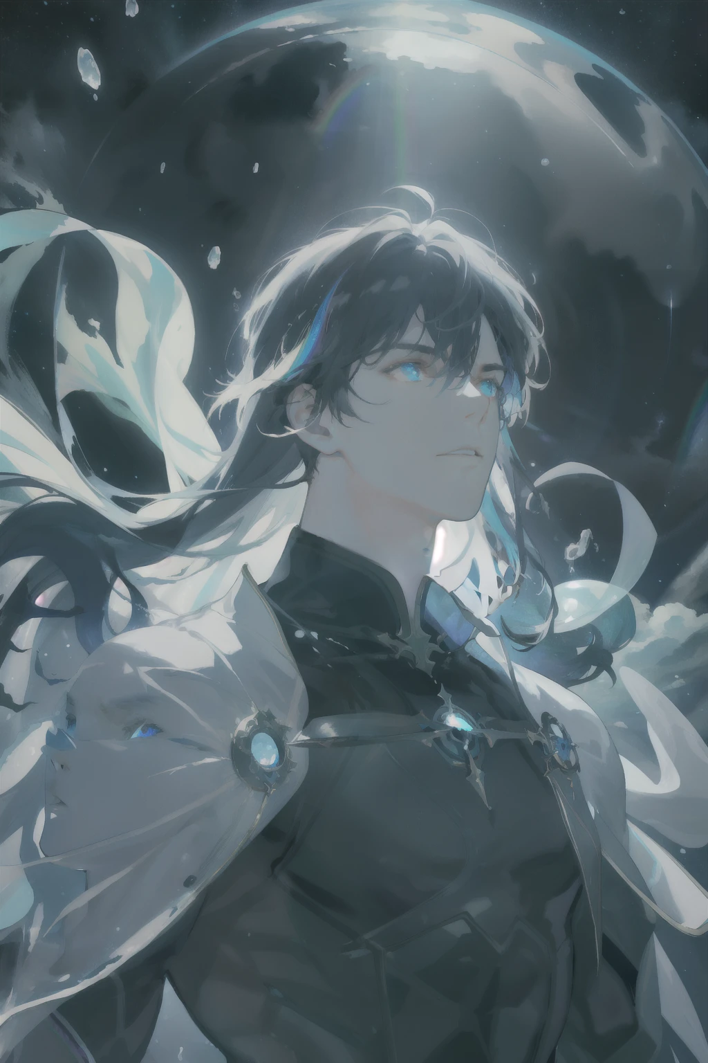 masterpiece, best quality, 1 male, adult, mature, tall muscular guy, Dark theme, Magic circle, bubble, rainbow Sunlight, Underwater, Reflected mirror, floating piece of Glass, Rainbow light, Bubble Swirling, wind Swirling, Aurora, fantasy scenery, Starlight around the character, (upper body)