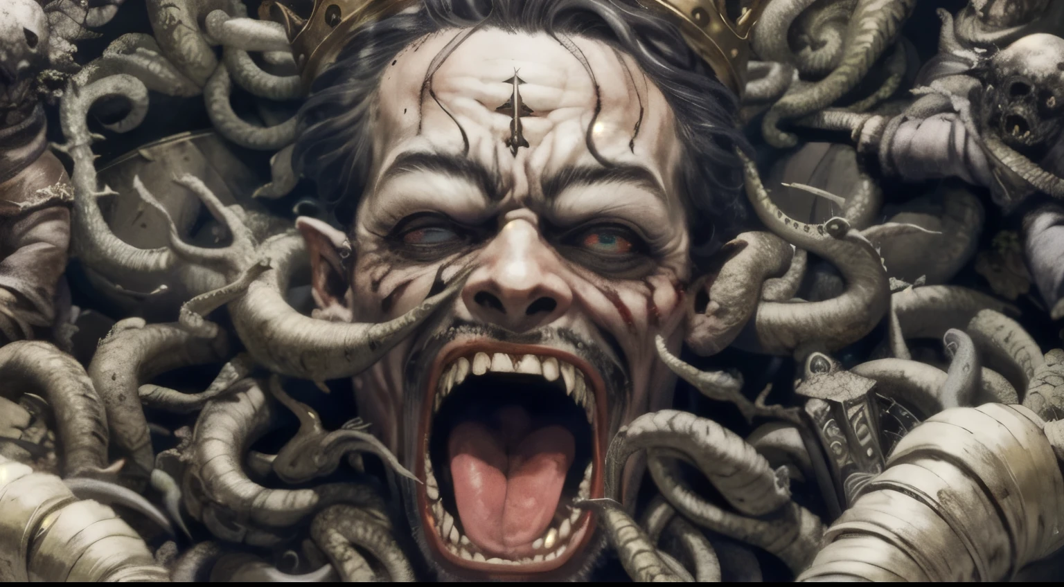 a close-up of a man with a crown on his head surrounded by many snakes, detailed 4k Horror artwork, Mark Brooks detalhado, raiva. hiper detalhado, monstro de fantasia hiper-realista, a disembodied head screaming, Anton Semyonov, cena de pesadelo hiperrealista, medusa feita de cera, hiper realismo assustador, Horror!! altamente detalhado, Gorgon, fantasy Horror art