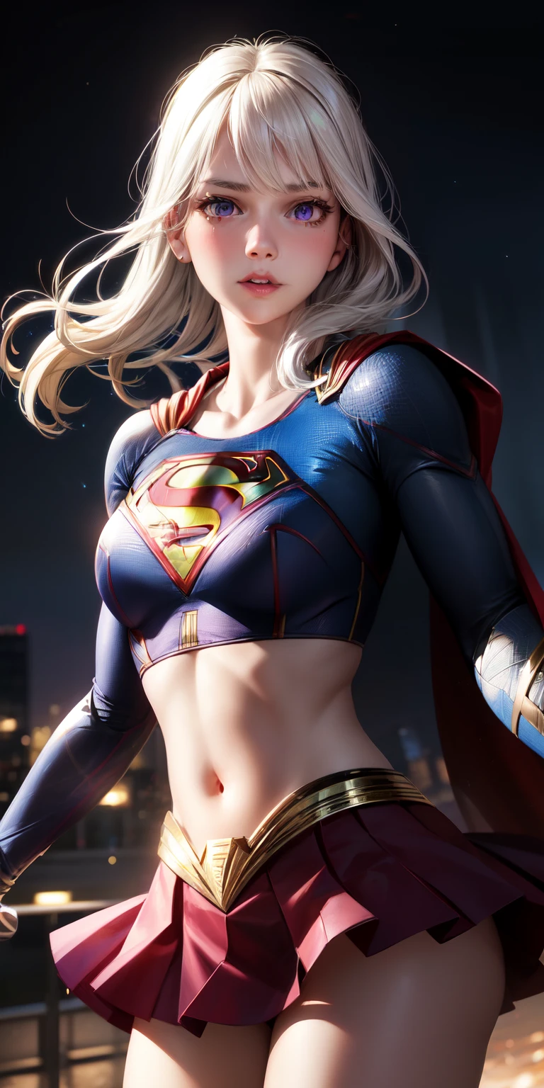 realistic, 1girl (Supergirl), white hair, purple eyes, glowing eyes, crop top, skirt, parted lips, blush, night, flowers, sun, sunlight,