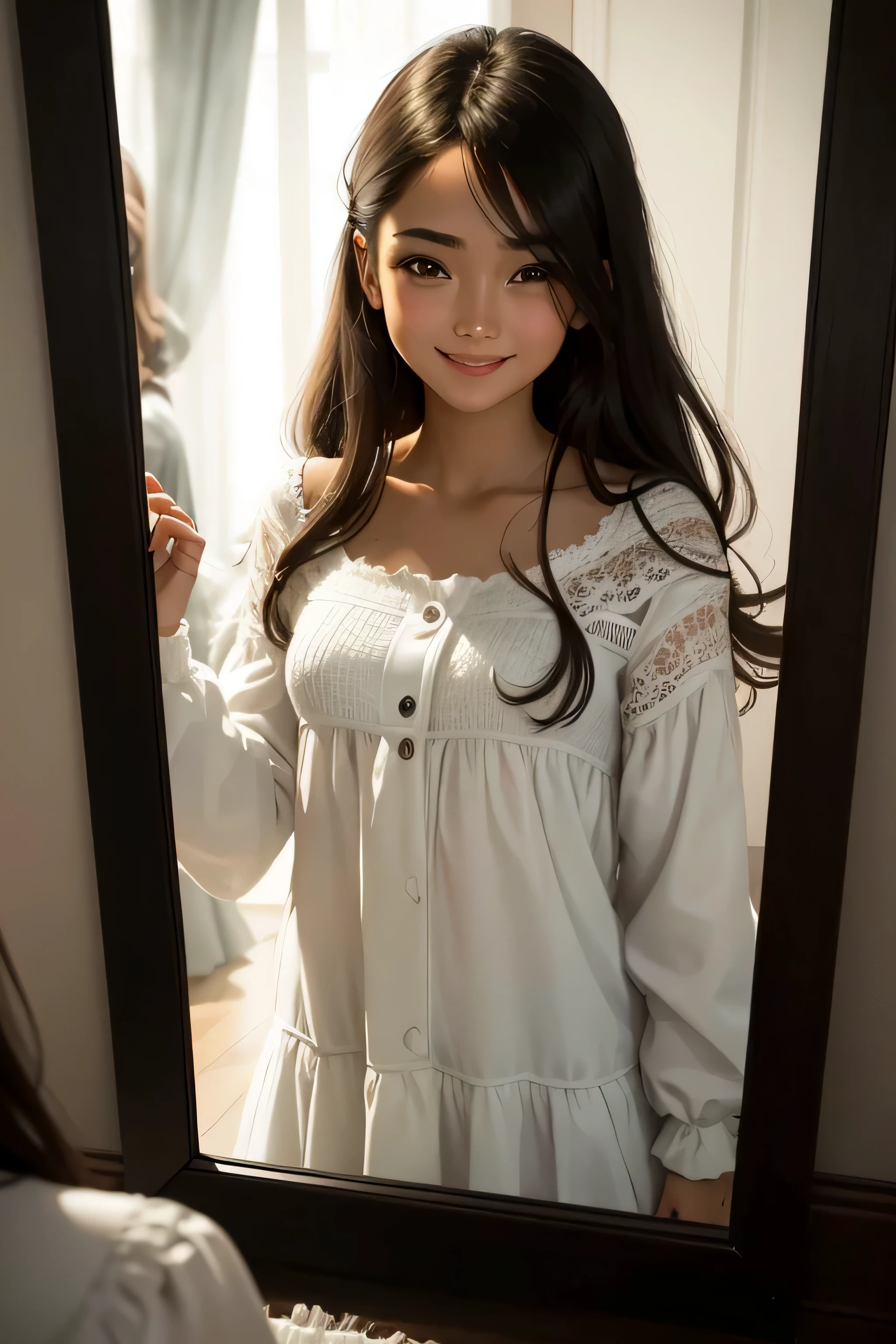 mirror: 2 young women: the first face to the mirror (smiling face, white clothes), the second in the mirror (sad black clothes). high quality, HDR, dynamic photo, 16K.