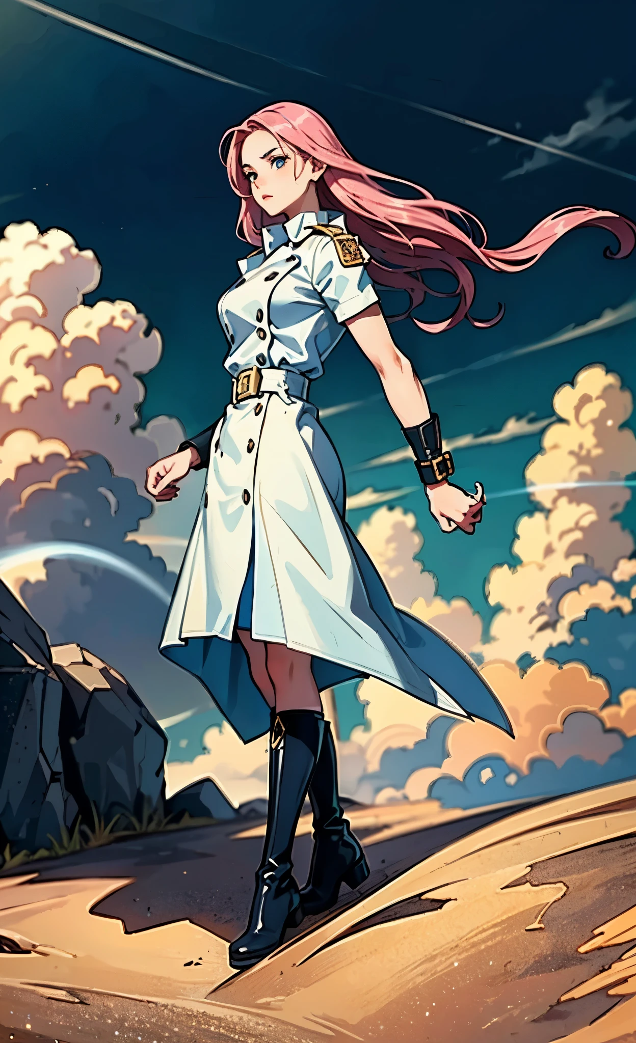 (A beautiful young girl with long curly pink hair, slender eyebrows, sparkling eyes, a bewildered expression, an oval-shapedl face with pale skin, a knee-length form-fitting leather trench coat with very short sleeves, she adorns both hands with metallic wrist guards in a sci-fi ancient civilization style, her long legs are clad in leather boots as she soars through the misty clouds), this character embodies a finely crafted fantasy-realism style western ranger in anime style, exquisite and mature manga art style, porcelain skin, perfect skin, perfect eyes, high definition, best quality, highres, ultra-detailed, ultra-fine painting, extremely delicate, professional, anatomically correct, symmetrical face, extremely detailed eyes and face, high quality eyes, creativity, RAW photo, UHD, 32k, Natural light, cinematic lighting, masterpiece-anatomy-perfect, masterpiece:1.5