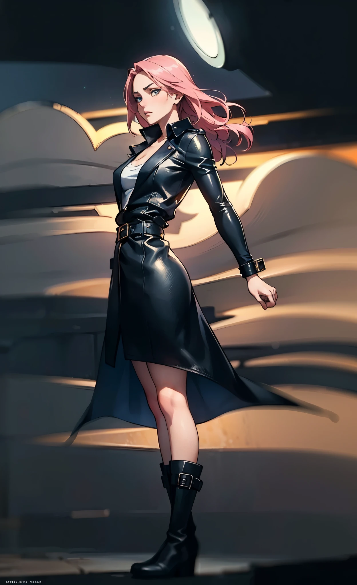 (A beautiful young girl with long curly pink hair, slender eyebrows, sparkling eyes, a bewildered expression, an oval-shapedl face with pale skin, a knee-length form-fitting leather trench coat with very short sleeves, she adorns both hands with metallic wrist guards in a sci-fi ancient civilization style, her long legs are clad in leather boots as she soars through the misty clouds), this character embodies a finely crafted fantasy-realism style western ranger in anime style, exquisite and mature manga art style, porcelain skin, perfect skin, perfect eyes, high definition, best quality, highres, ultra-detailed, ultra-fine painting, extremely delicate, professional, anatomically correct, symmetrical face, extremely detailed eyes and face, high quality eyes, creativity, RAW photo, UHD, 32k, Natural light, cinematic lighting, masterpiece-anatomy-perfect, masterpiece:1.5