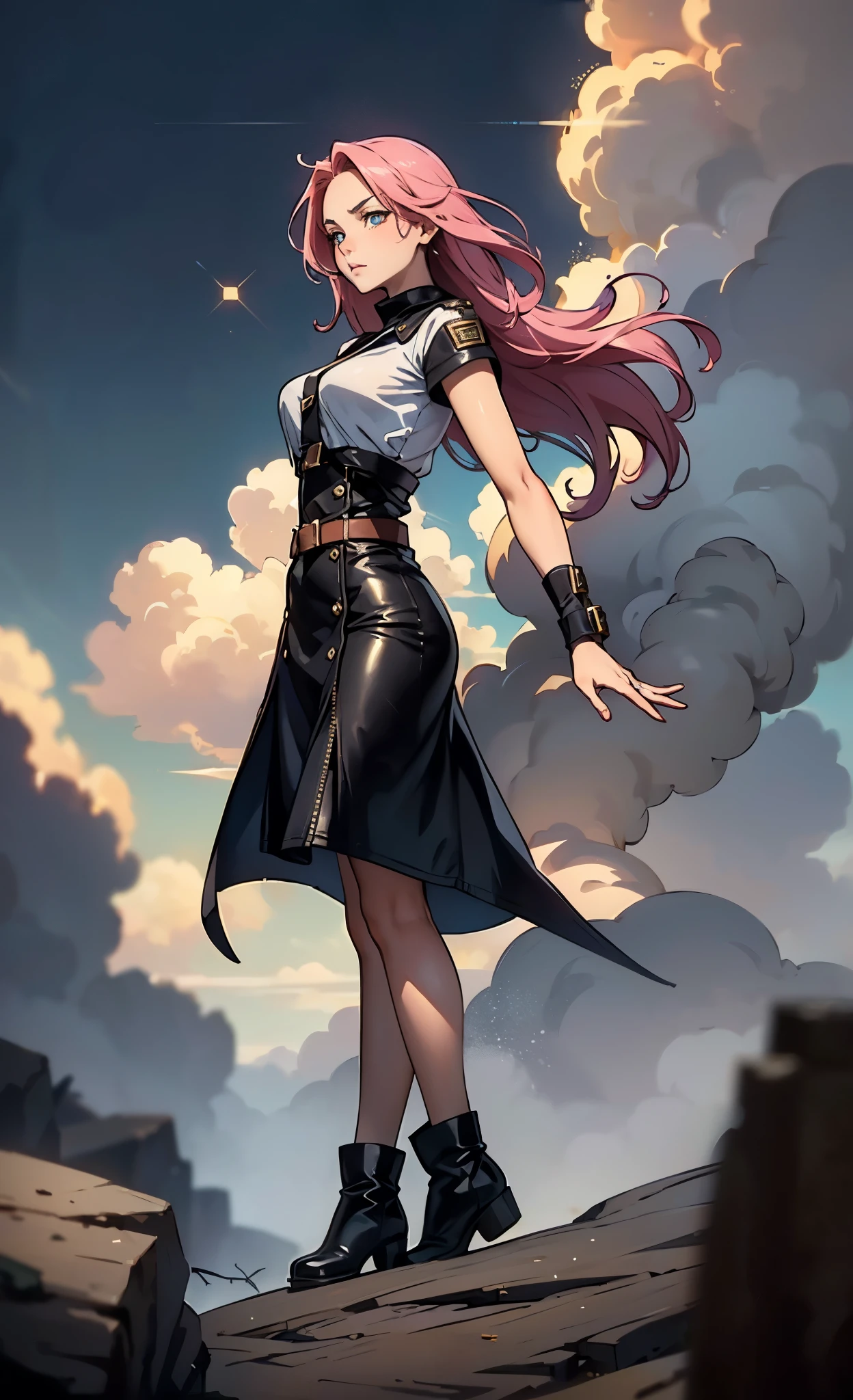 (A beautiful young girl with long curly pink hair, slender eyebrows, sparkling eyes, a bewildered expression, an oval-shapedl face with pale skin, a knee-length form-fitting leather trench coat with very short sleeves, she adorns both hands with metallic wrist guards in a sci-fi ancient civilization style, her long legs are clad in leather boots as she soars through the misty clouds), this character embodies a finely crafted fantasy-realism style western ranger in anime style, exquisite and mature manga art style, porcelain skin, perfect skin, perfect eyes, high definition, best quality, highres, ultra-detailed, ultra-fine painting, extremely delicate, professional, anatomically correct, symmetrical face, extremely detailed eyes and face, high quality eyes, creativity, RAW photo, UHD, 32k, Natural light, cinematic lighting, masterpiece-anatomy-perfect, masterpiece:1.5