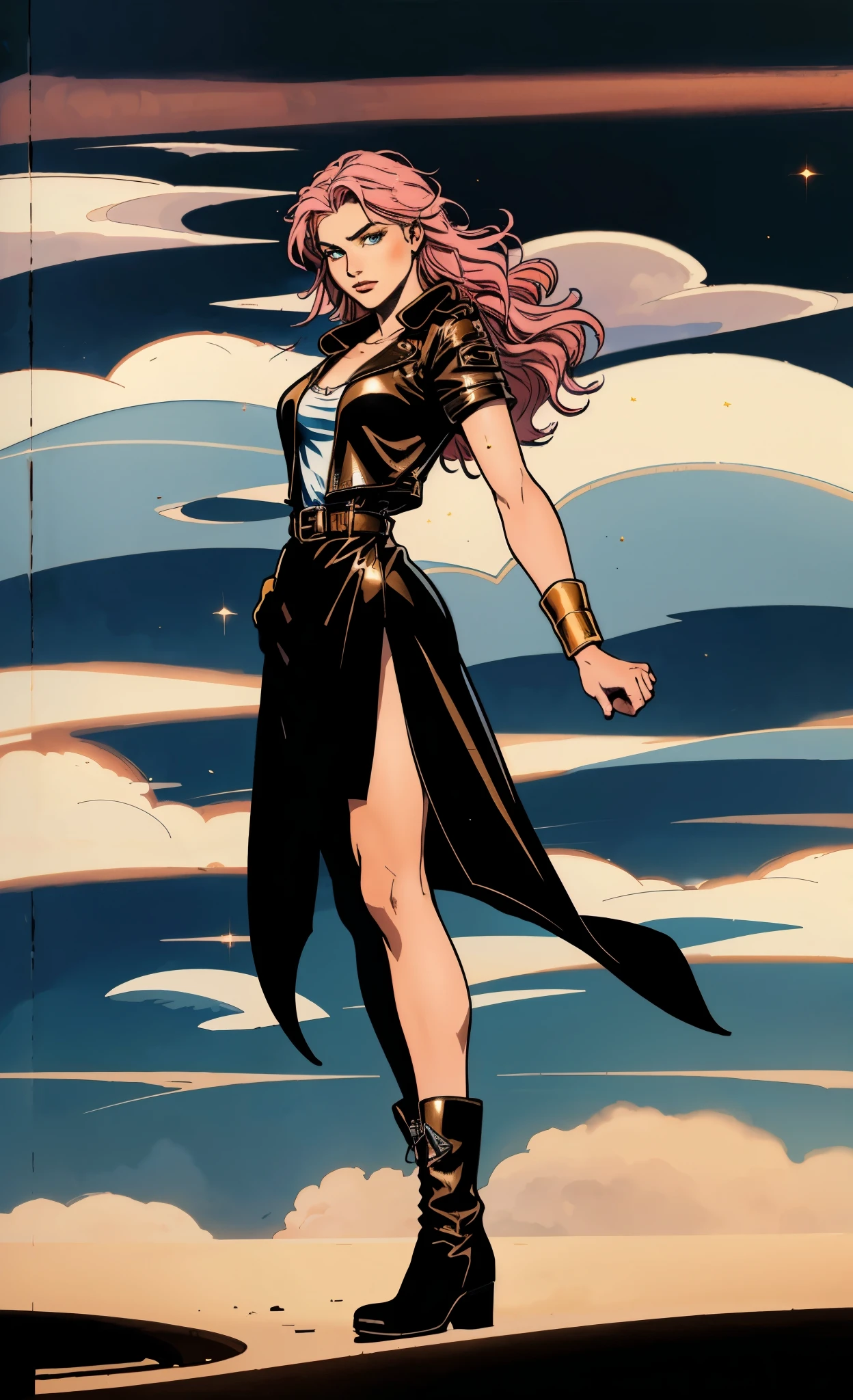 (A beautiful young girl with long curly pink hair, slender eyebrows, sparkling eyes, a bewildered expression, an oval-shapedl face with pale skin, a knee-length form-fitting leather trench coat with very short sleeves, she adorns both hands with metallic wrist guards in a sci-fi ancient civilization style, her long legs are clad in leather boots as she soars through the misty clouds), this character embodies a finely crafted fantasy-realism style western ranger in anime style, exquisite and mature manga art style, porcelain skin, perfect skin, perfect eyes, high definition, best quality, highres, ultra-detailed, ultra-fine painting, extremely delicate, professional, anatomically correct, symmetrical face, extremely detailed eyes and face, high quality eyes, creativity, RAW photo, UHD, 32k, Natural light, cinematic lighting, masterpiece-anatomy-perfect, masterpiece:1.5